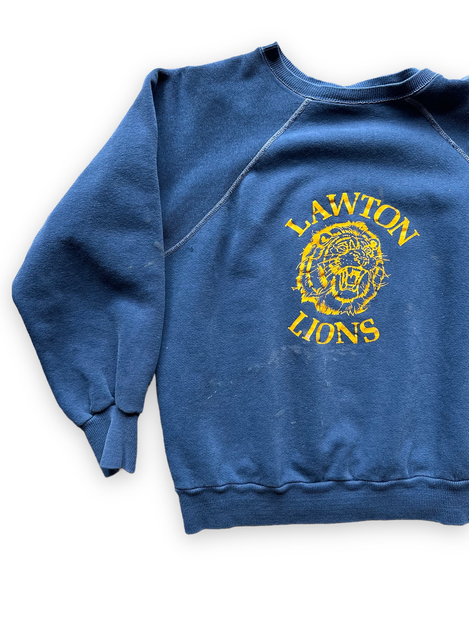 Front Right View on Vintage Small Lawton Lions Crewneck Sweatshirt | Vintage Crewneck Sweatshirt Seattle | Barn Owl Vintage Clothing
