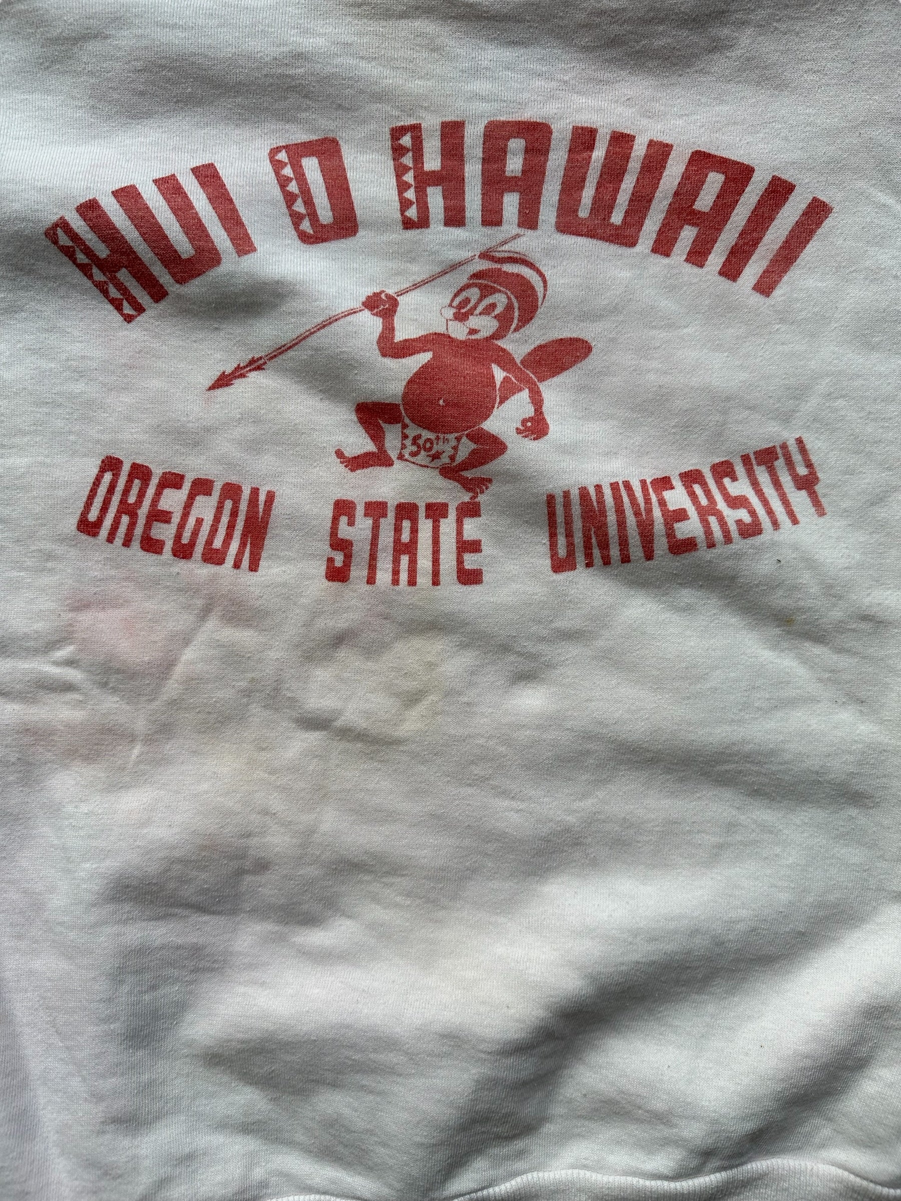 Close Up of Graphic on Vintage Oregon State University Hui O Hawaii Club Boatneck Sweatshirt SZ XL | Seattle Vintage Sweatshirt | Barn Owl Vintage Seattle