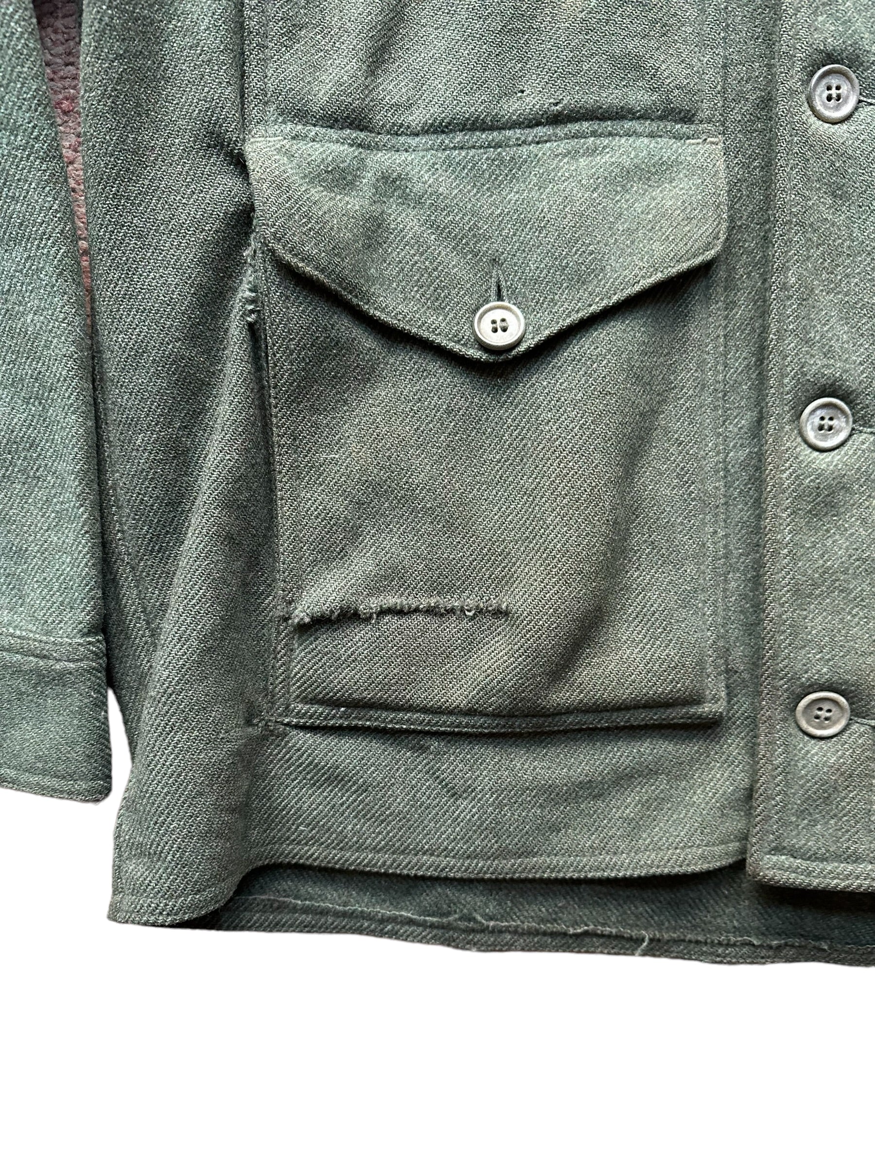 Repaired Front Pocket Detail on Vintage Early 70s Filson Herringbone Green Cape Coat SZ 46 |  Vintage Filson Cape Coat | Vintage Workwear Seattle