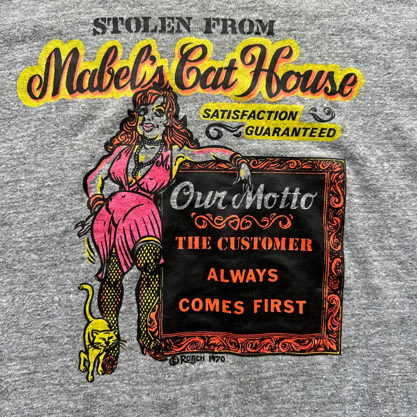 Front Detail on Vintage Roach 1970 Mabel's Cat House Ringer Tee SZ XL | Vintage Roach T-Shirts Seattle | Barn Owl Vintage Tees Seattle