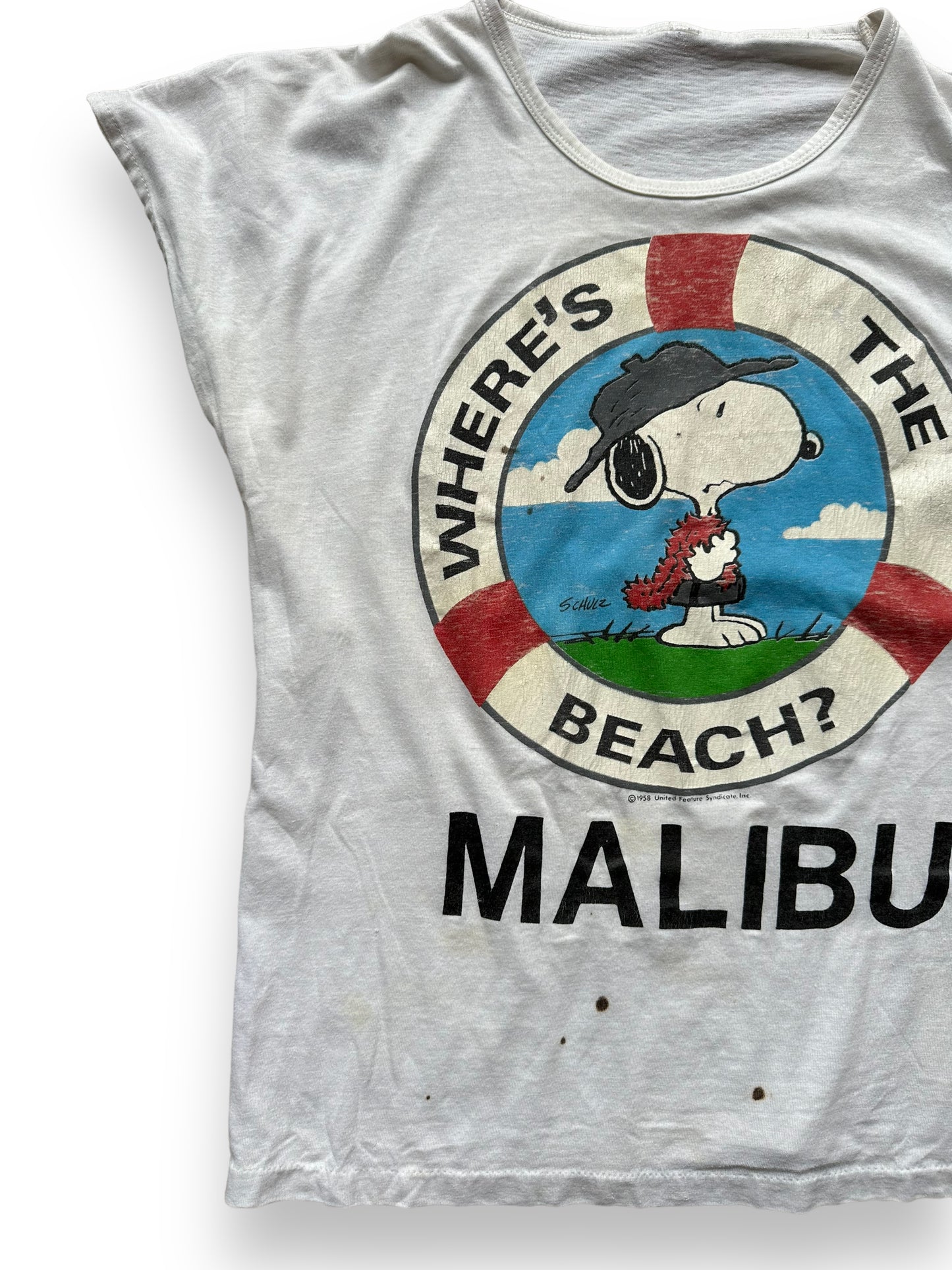 Front right shot of Vintage Snoopy Where's The Beach Malibu Tee SZ S | Vintage T-Shirts Seattle | Barn Owl Vintage Tees Seattle