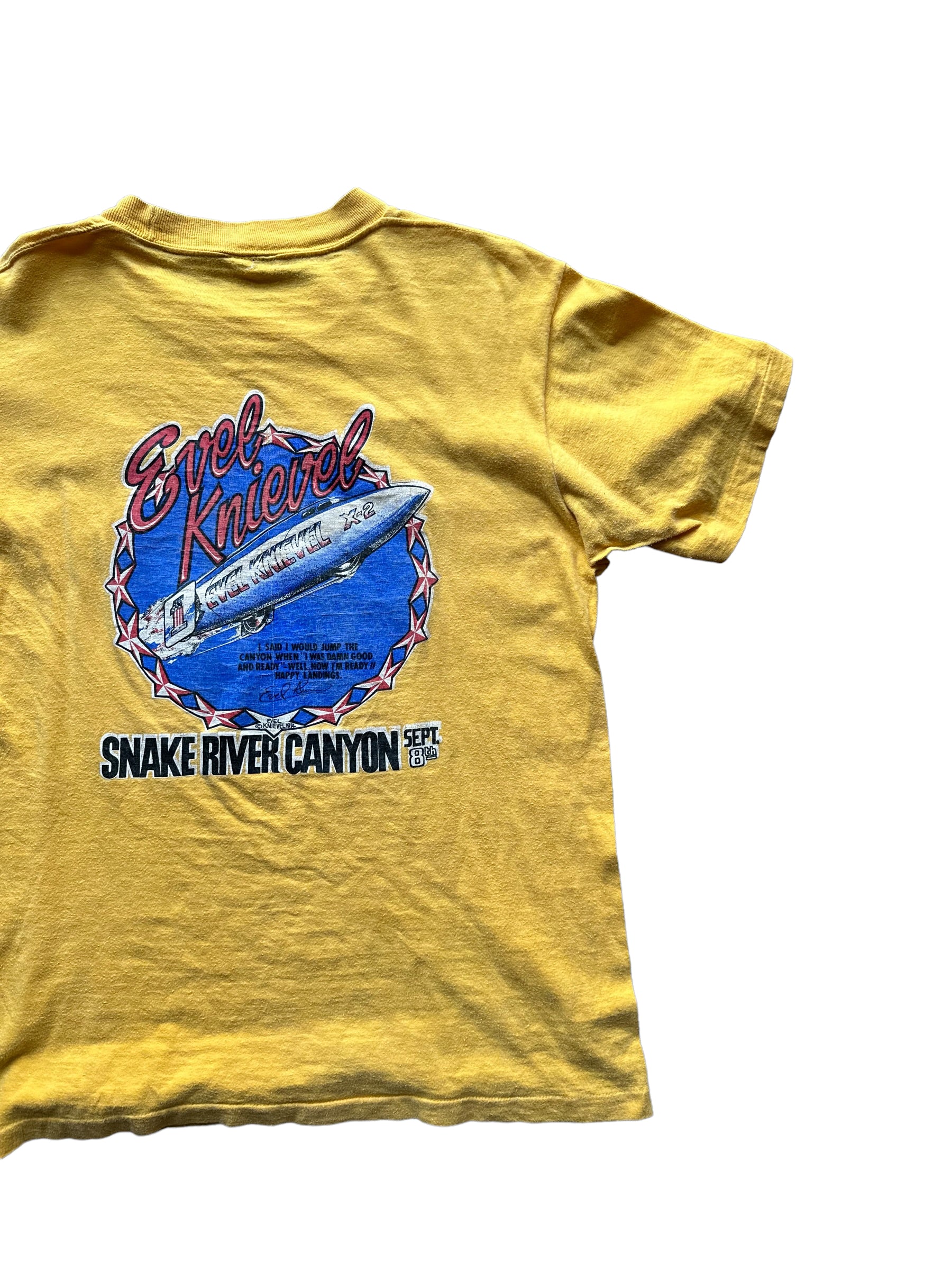 Right Rear View on Vintage Evel Knievel Snake River Canyon TShirt |  Vintage Evel Knievel Single Stitch Tee | Barn Owl Vintage Seattle