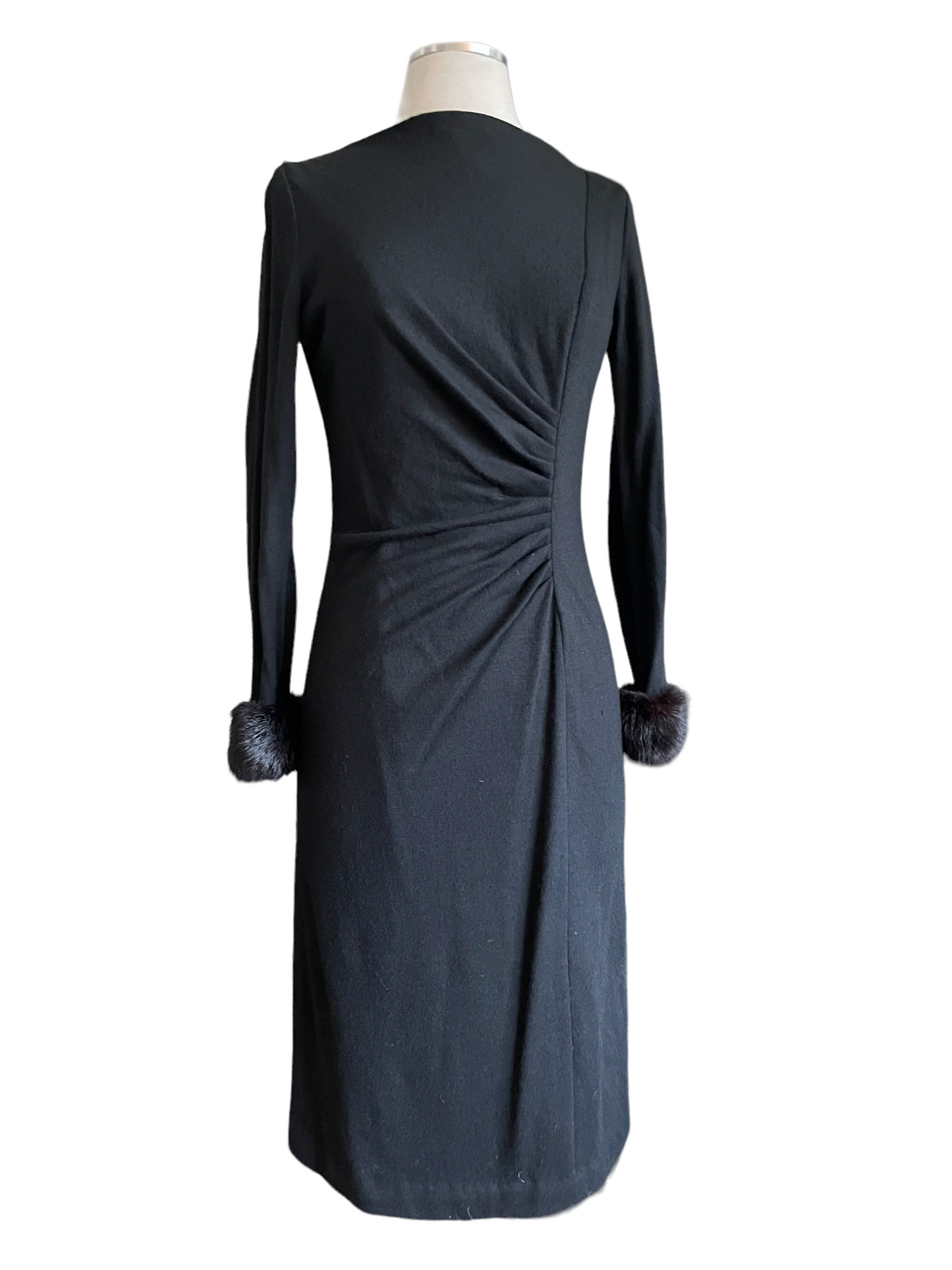 Vintage 1950s Black Wool Dress with Mink Fur Cuffs SZ S |  Barn Owl Vintage | Seattle Vintage Dresses Full front view.