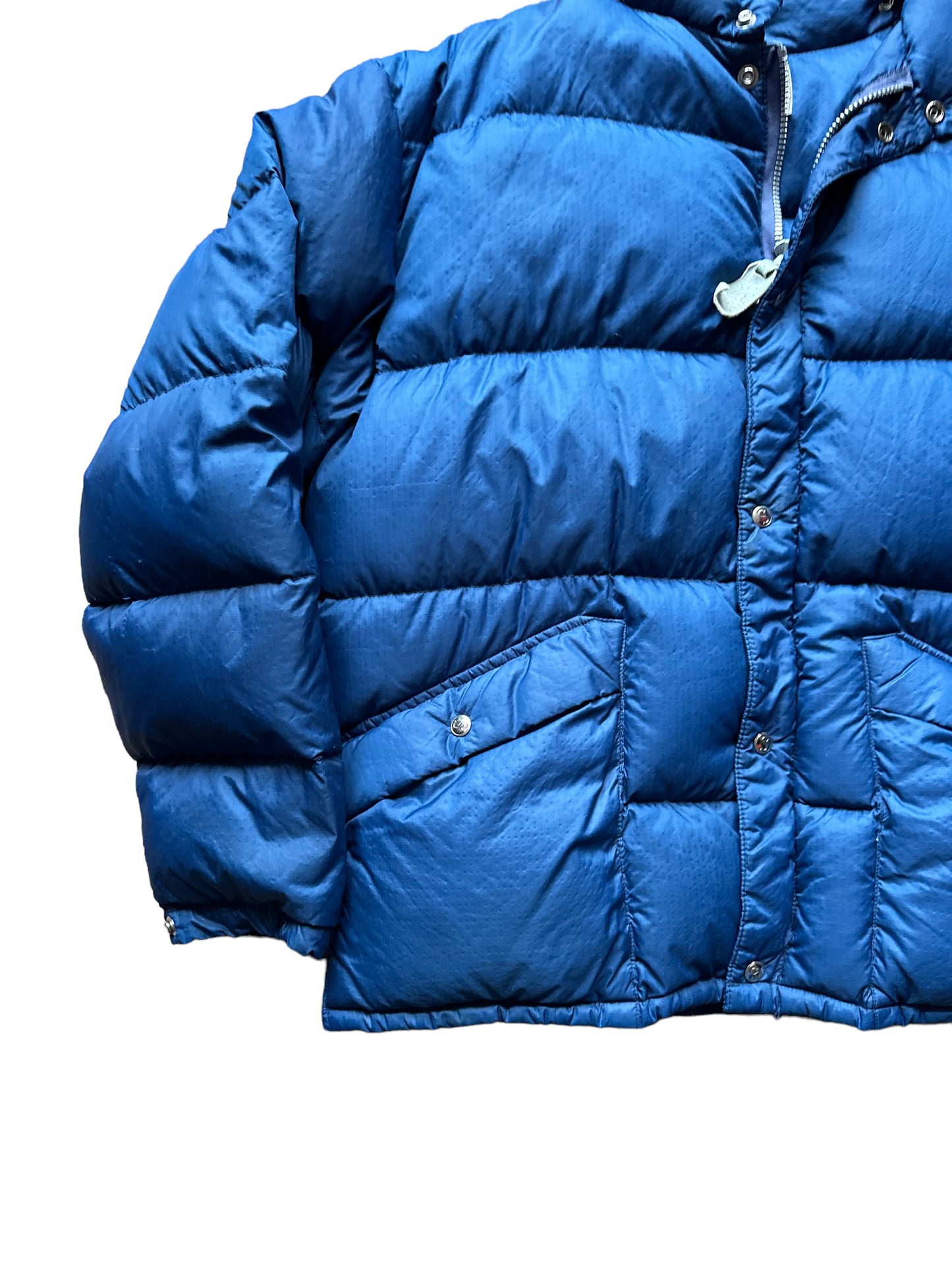 Front Right View of Vintage Sprung Blue Goose Down Puffer Jacket SZ XL | Vintage Puffer Jacket Seattle | Barn Owl Vintage Seattle