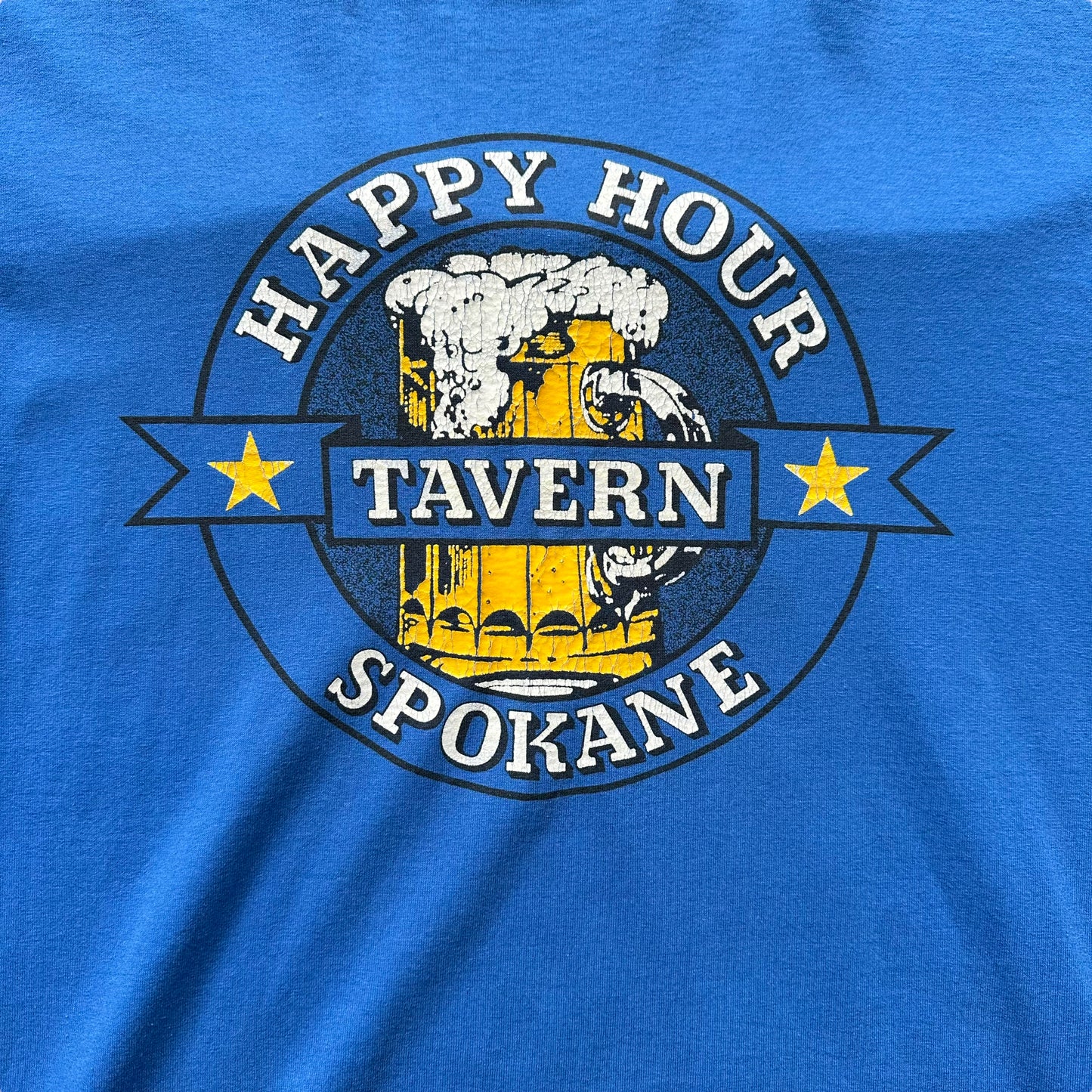 Front Graphic Detail on Vintage Happy Hour Tavern Spokane Tee SZ L | Vintage Bar T-Shirts Seattle | Barn Owl Vintage Tees Seattle