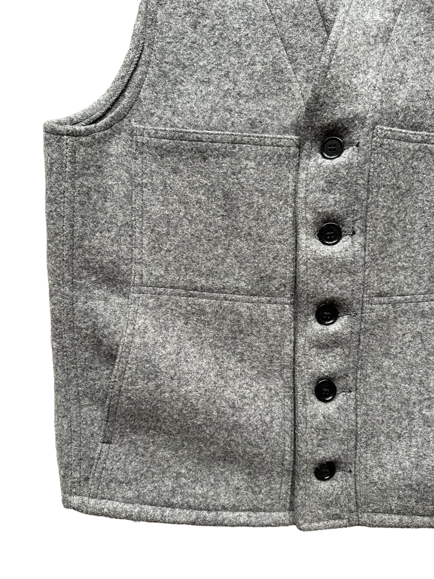 Lower Front Right Pocket View of Vintage Filson Mackinaw Vest SZ 36 |  Grey Wool Vest | Seattle Vintage Workwear