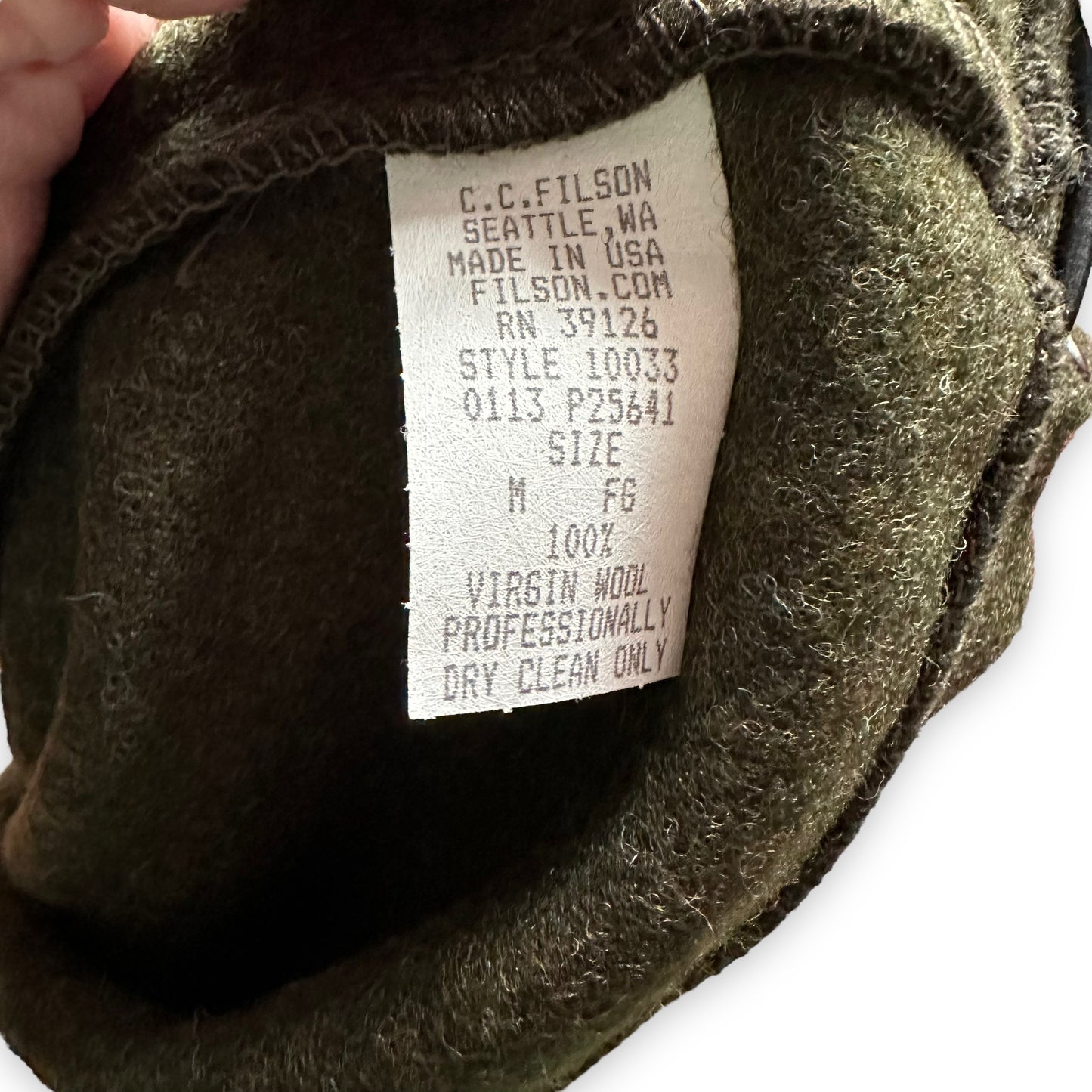 Production Tag View of New Old Stock Filson Forest Green Mackinaw Wool Liner SZ M |  Barn Owl Vintage Goods | Vintage Filson Workwear Seattle