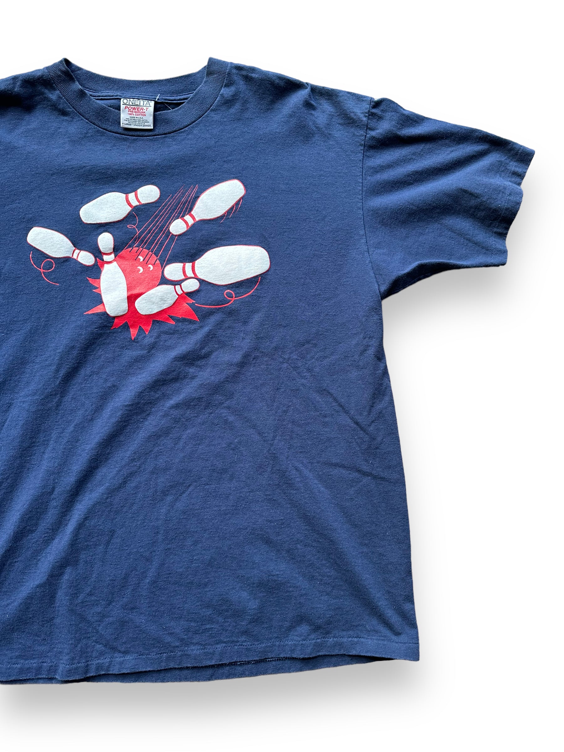 Front Left View of Vintage Bowling Tee SZ XL | Vintage Single Stitch T-Shirts Seattle | Barn Owl Vintage Tees Seattle