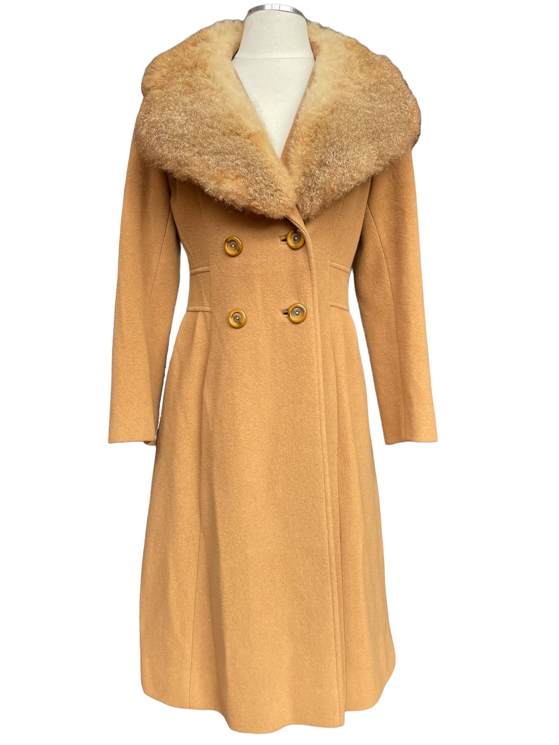 Full front view ofVintage 1960s Fashionbilt Wool Coat with Fur Collar Barn Owl seattle true vintage