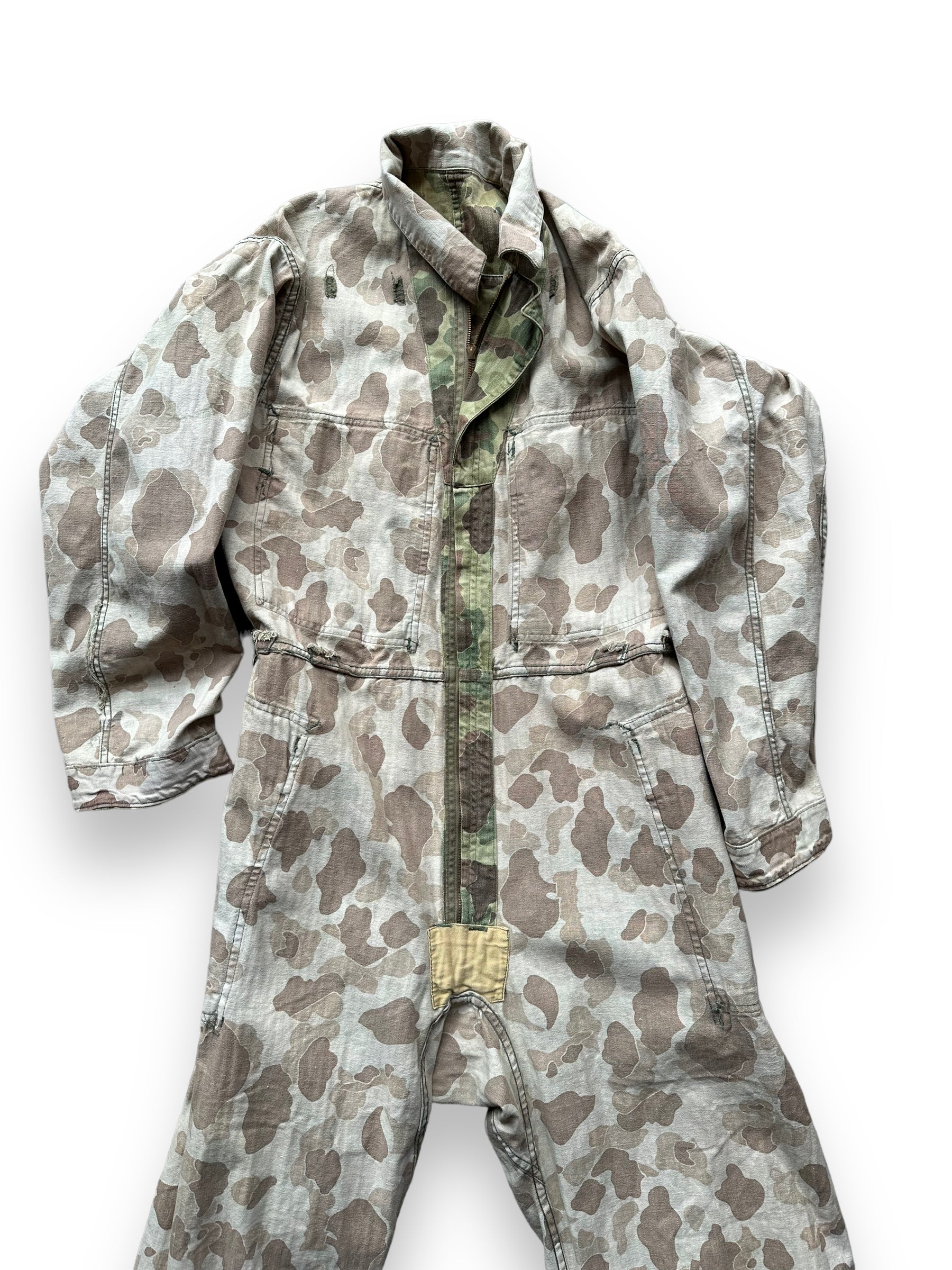 Inside Out Upper Front View of Vintage M-4395 HBT Frogskin Camo Coveralls SZ M | Vintage Frog Skin Camo Pants Seattle | Barn Owl Vintage Workwear
