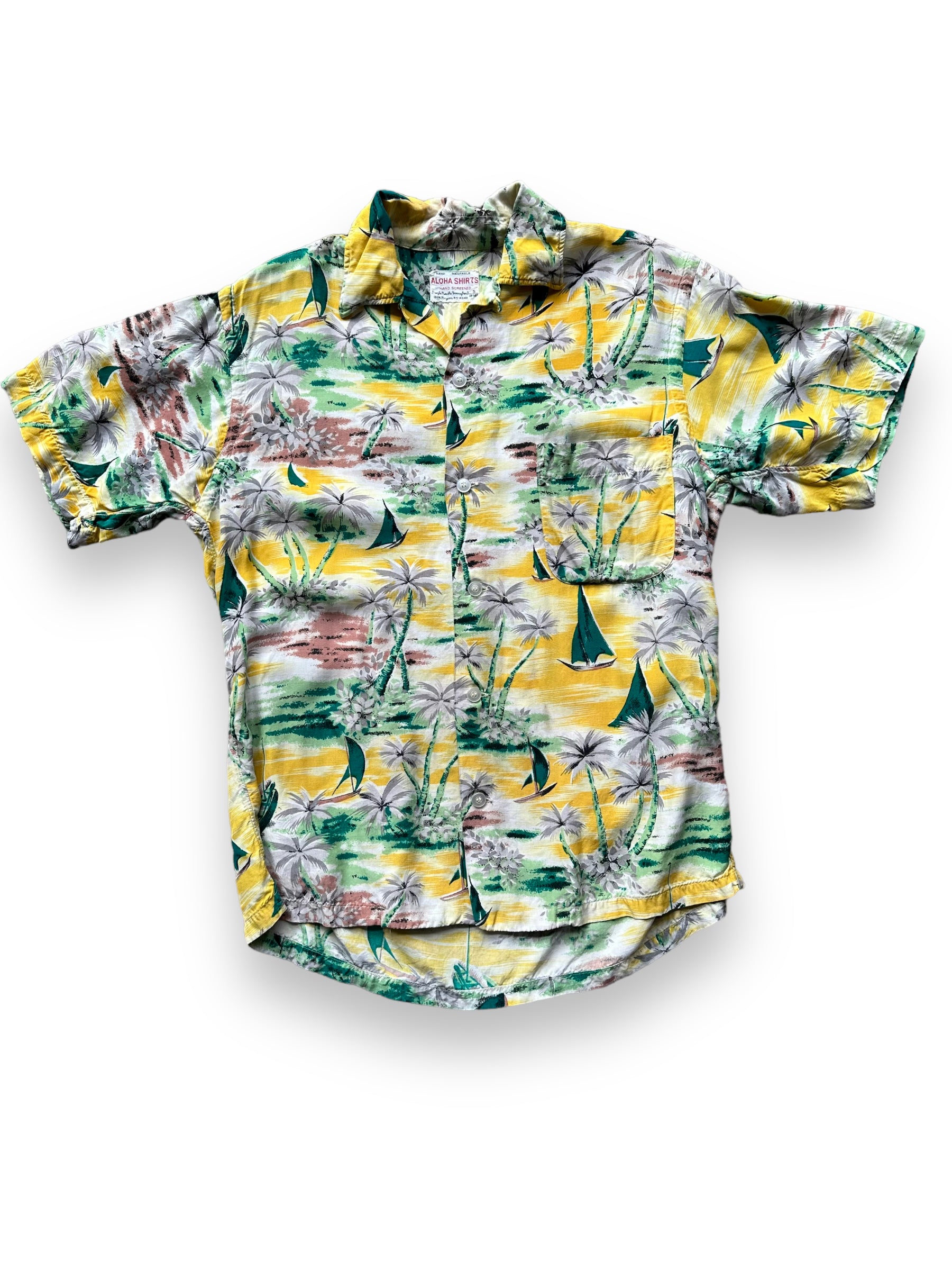 Front View of Vintage Yellow Aloha Rayon Shirt SZ S | Seattle Vintage Rayon Hawaiian Shirt | Barn Owl Vintage Clothing Seattle