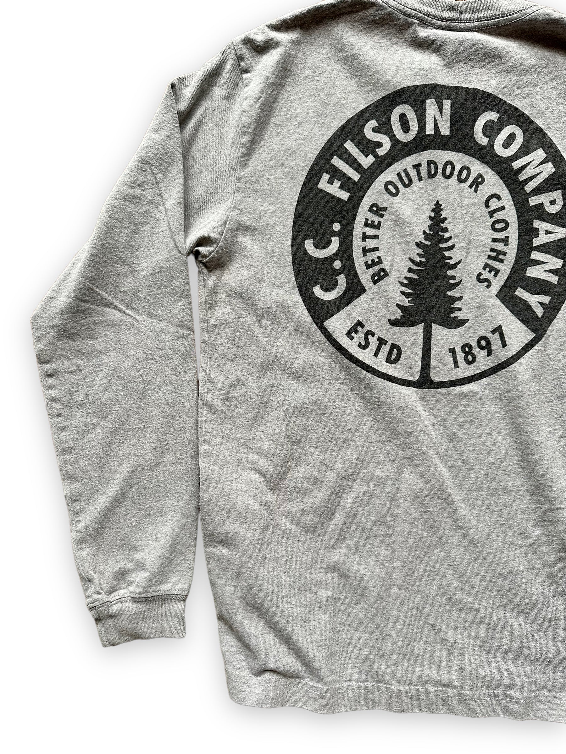 Left Rear View of Filson Long Sleeve Heather Grey Tee SZ XS  |  Barn Owl Vintage Goods | Filson Graphic Tees Seattle