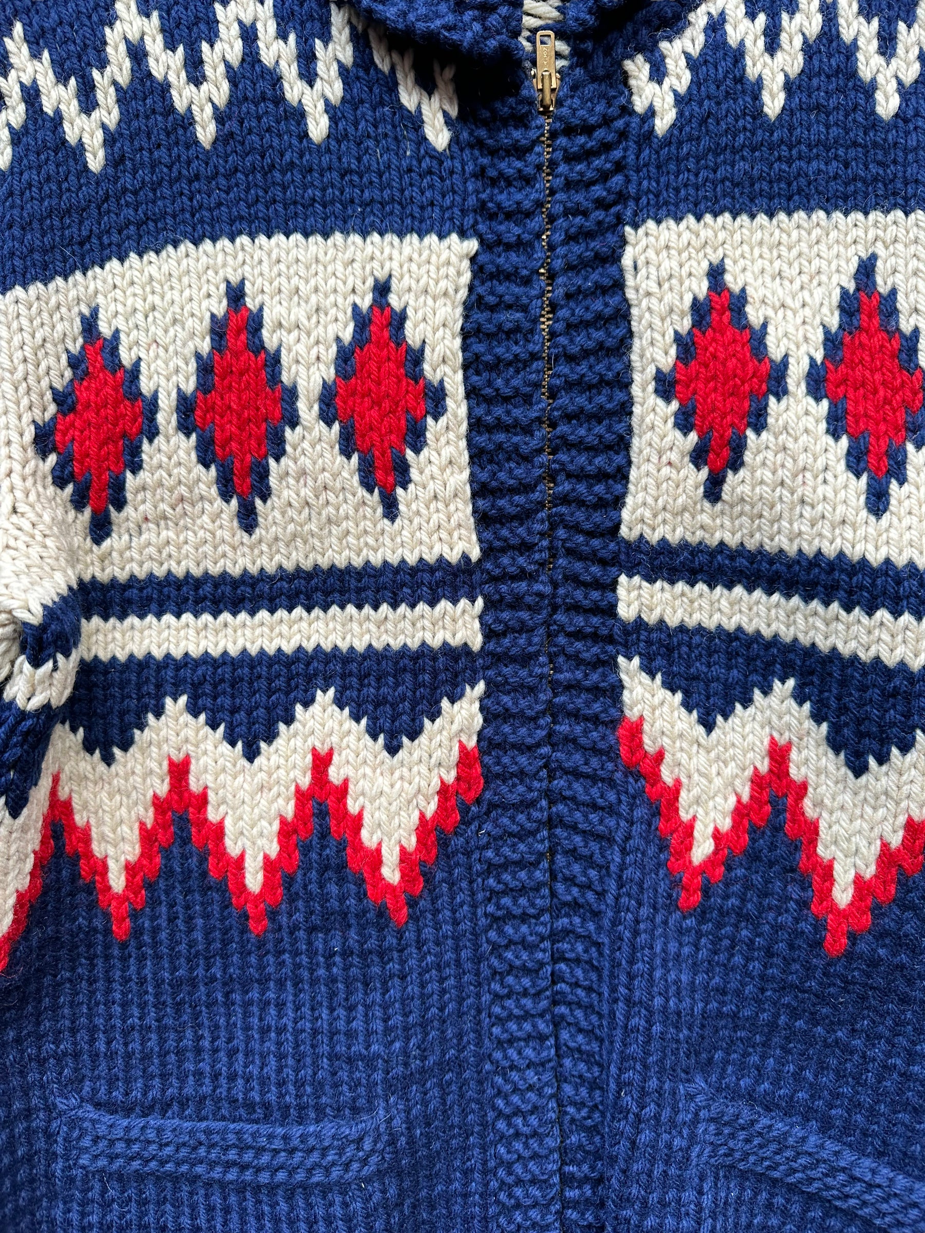 Front Detailed View of Vintage Cowichan Style Blue & Red Sweater SZ M  |  Barn Owl Vintage | Seattle Vintage Sweaters
