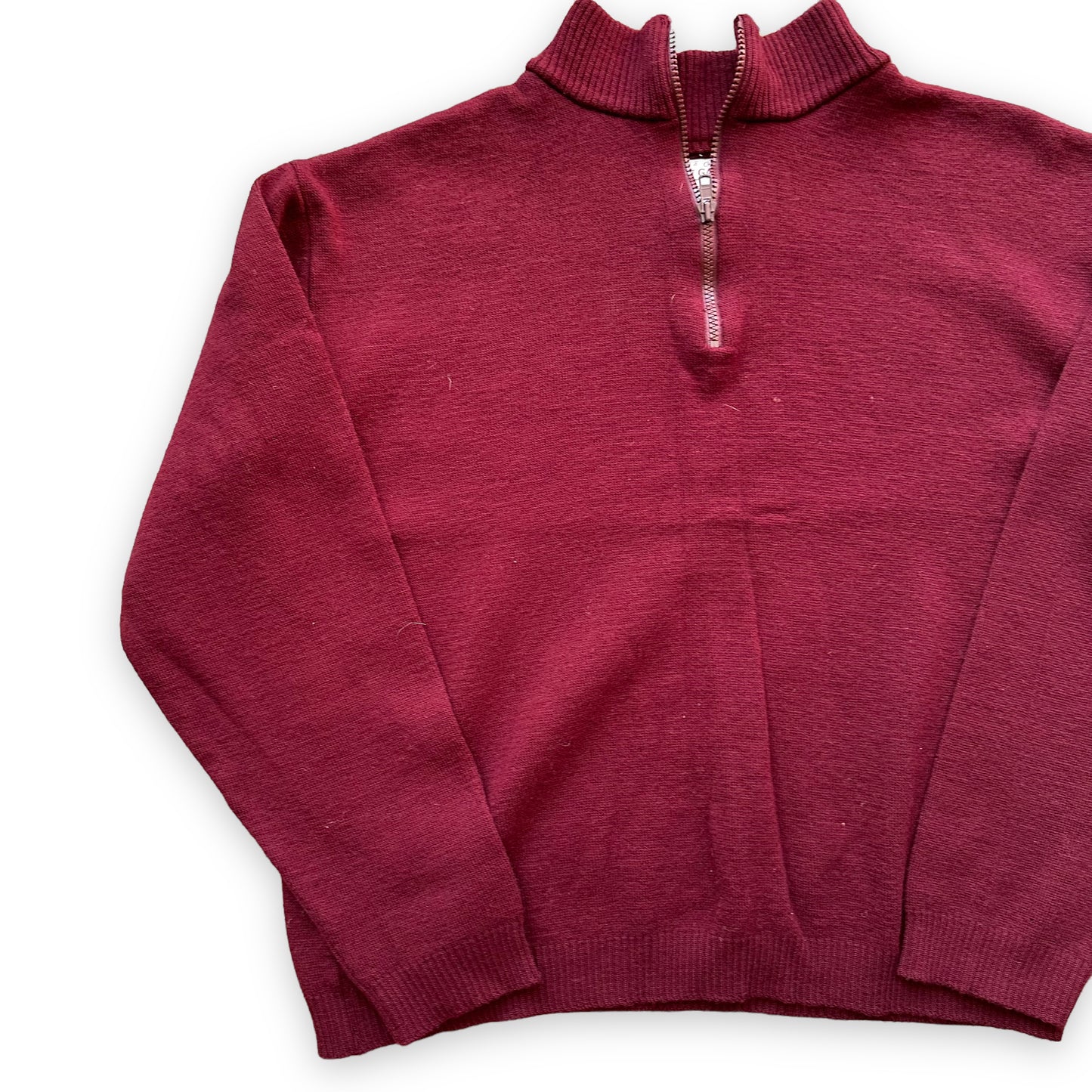 Front Right View of Filson Style 719 Zip Up Burgundy Sweater SZ L | Vintage Workwear Seattle