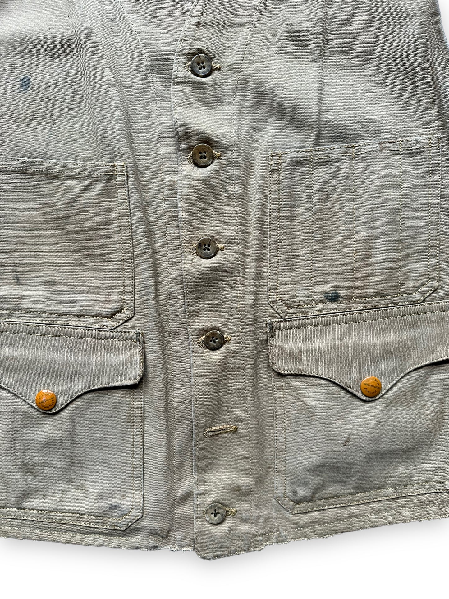 Lower Front Detail on Vintage 1930s Era Filson FilClo Era Tin Cloth Vest SZ L |  FilClo Vintage Workwear | Barn Owl Vintage Seattle