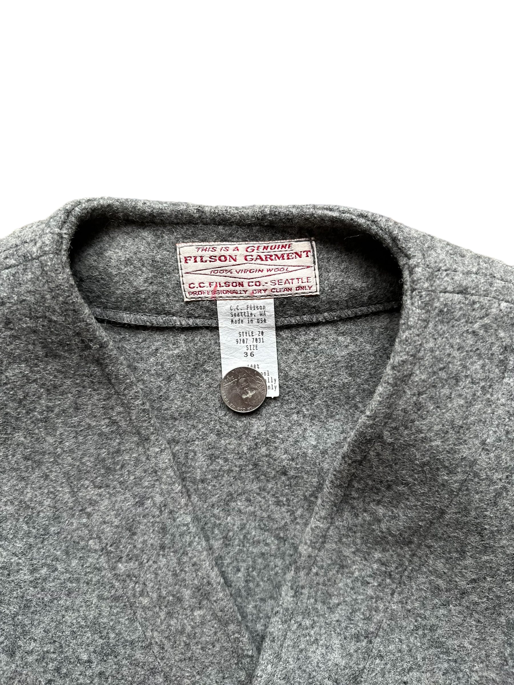 Tag View of Vintage Filson Mackinaw Vest SZ 36 |  Grey Wool Vest | Seattle Vintage Workwear