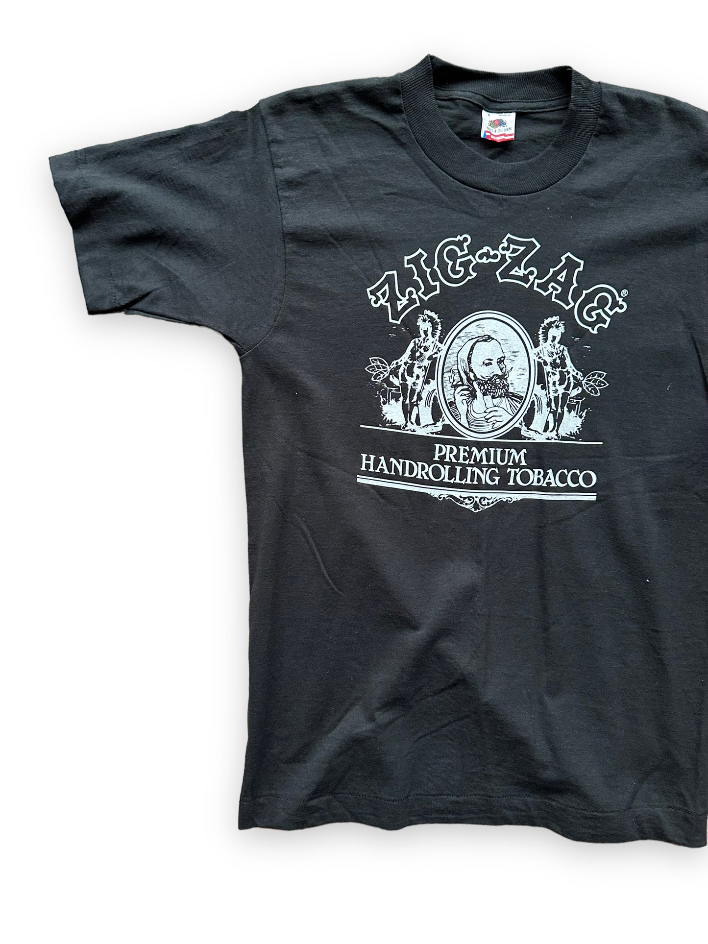 Right Front View of Vintage Black Zig-Zag Hand-Rolling Tobacco Tee SZ S | Seattle Vintage Weed Tees | Barn Owl Seattle