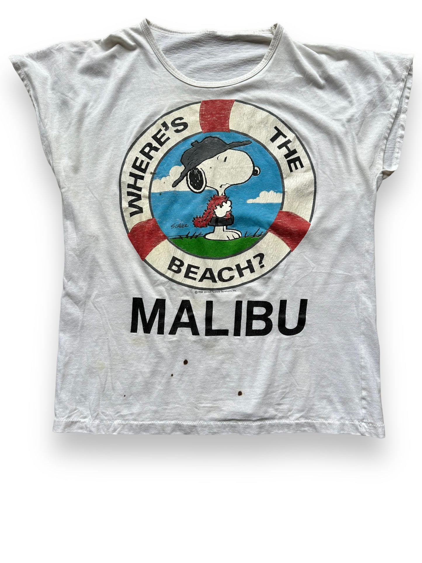 Front shot of Vintage Snoopy Where's The Beach Malibu Tee SZ S | Vintage T-Shirts Seattle | Barn Owl Vintage Tees Seattle