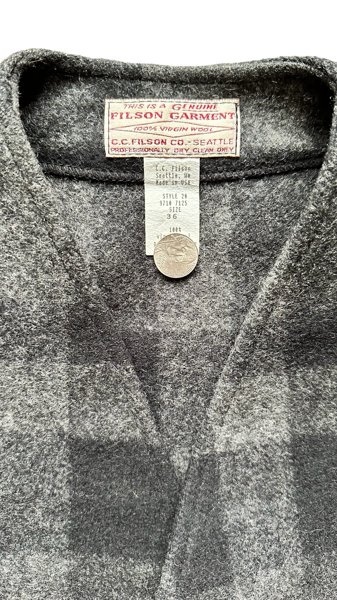 Tag View of Vintage Filson Mackinaw Vest SZ 36 |  Charcoal & Black Mackinaw Wool | Filson Seattle Workwear