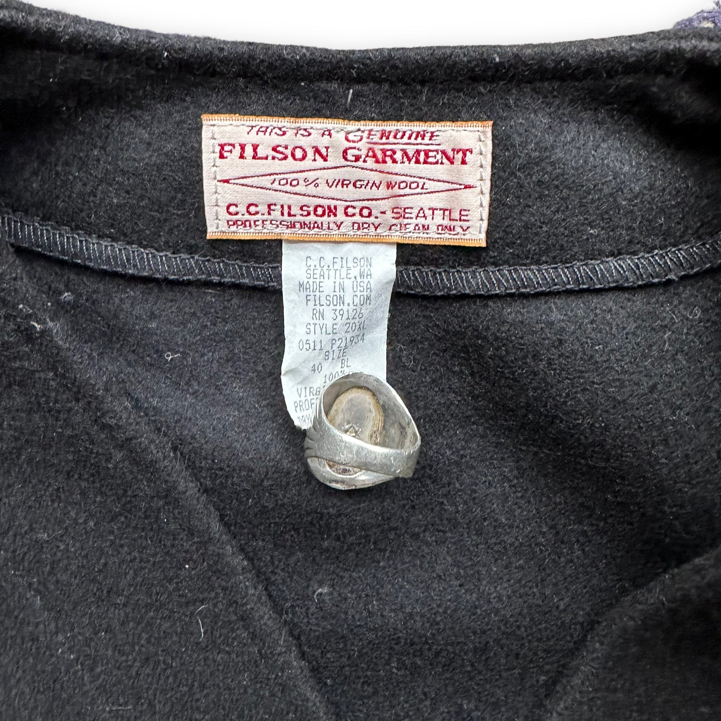 Tag View of Filson Black Mackinaw Wool Vest SZ 40 Extra Long |  Barn Owl Vintage Goods | Vintage Filson Workwear Seattle