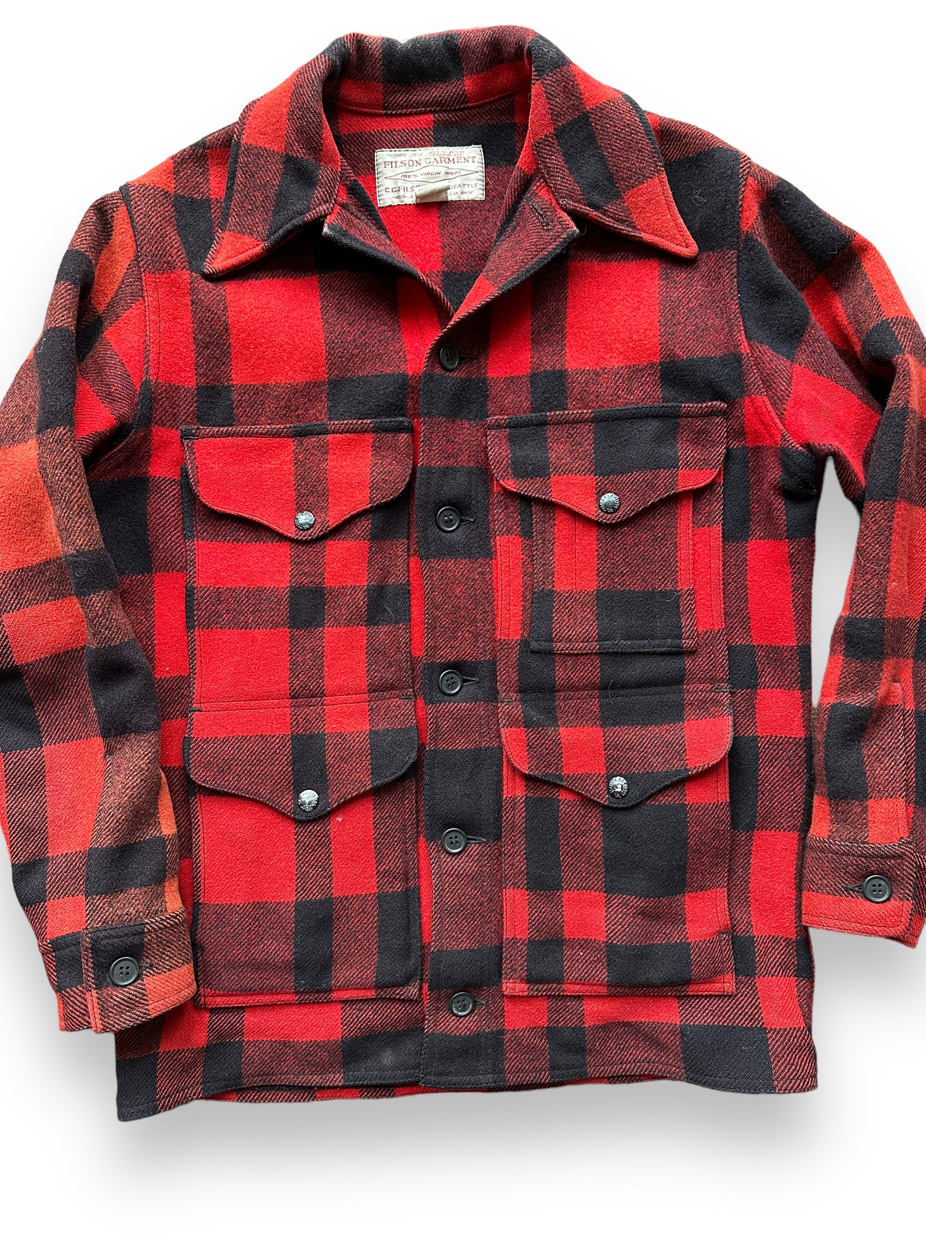 Vintage Filson Red and Black Wool Cruiser Size 38 | Barn Owl Vintage Goods  | Vintage Filson Workwear Seattle