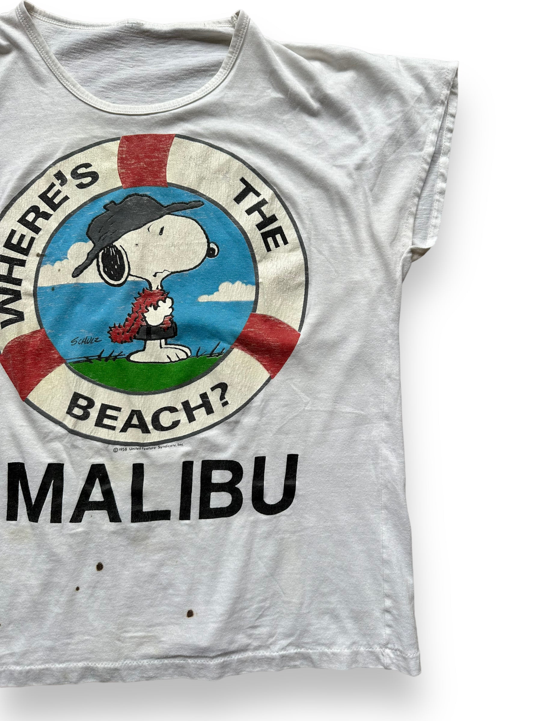 Front left shot of Vintage Snoopy Where's The Beach Malibu Tee SZ S | Vintage T-Shirts Seattle | Barn Owl Vintage Tees Seattle