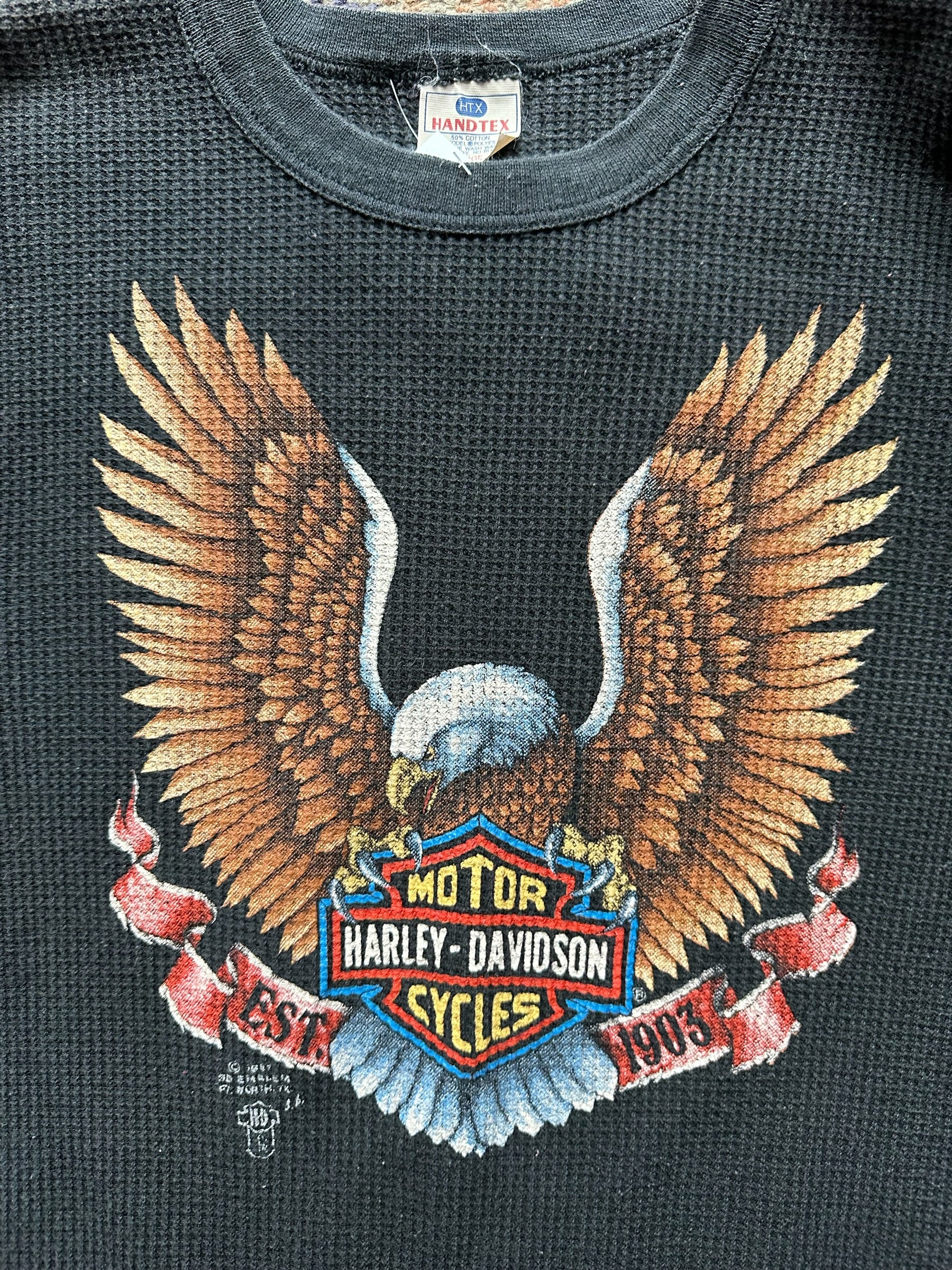 Graphic Detail on Vintage Harley Davidson 3D Emblem Thermal Long Sleeve SZ L | Vintage Harley Tee | Barn Owl Vintage Seattle