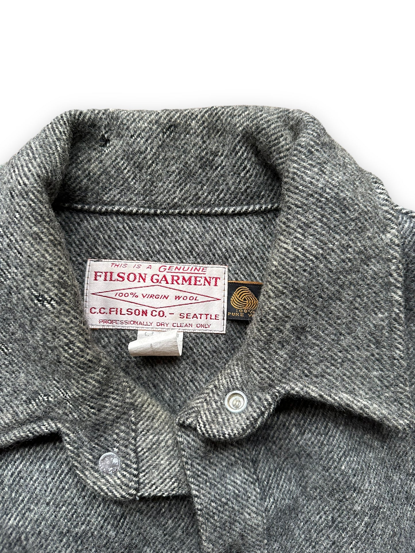 Tag View of Vintage Filson Grey Herringbone Cape Coat SZ Large  |  Barn Owl Vintage Goods | Vintage Wool Workwear Seattle