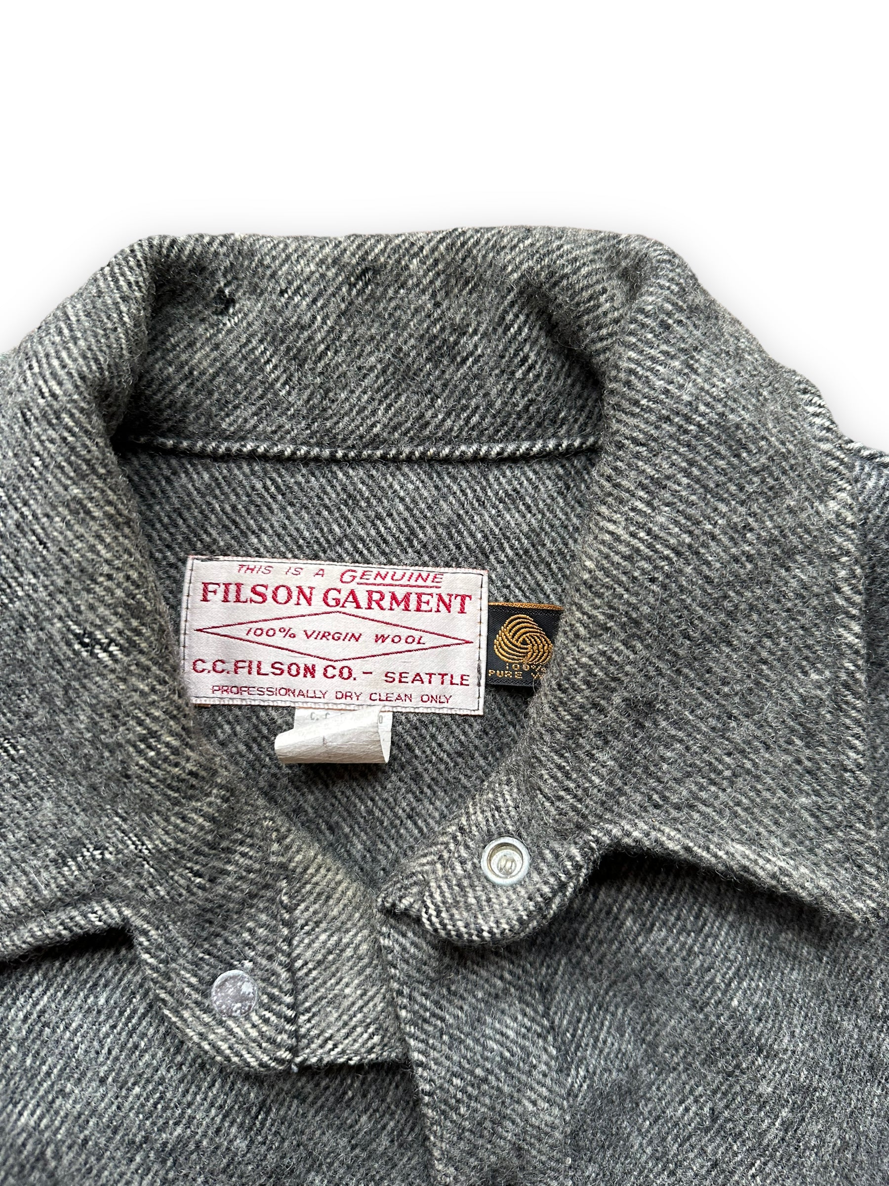 Tag View of Vintage Filson Grey Herringbone Cape Coat SZ Large  |  Barn Owl Vintage Goods | Vintage Wool Workwear Seattle