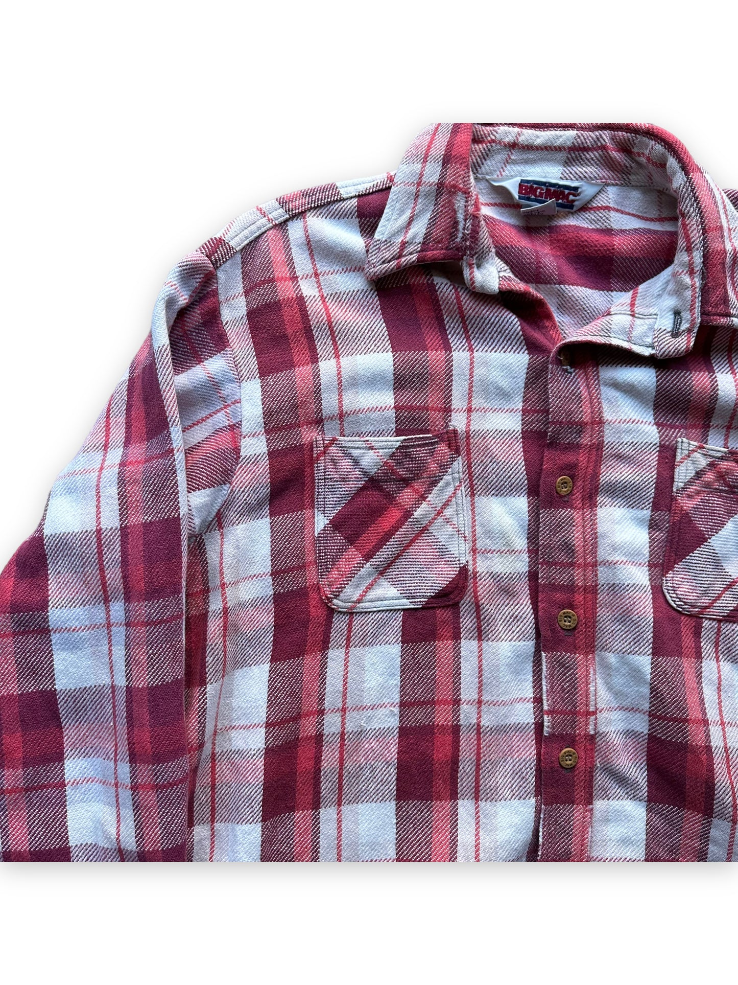 Upper Front Right View of Vintage Pink and Light Purple Big Mac Cotton Flannel SZ XL Tall | Barn Owl Vintage Seattle | Vintage Cotton Flannel Seattle