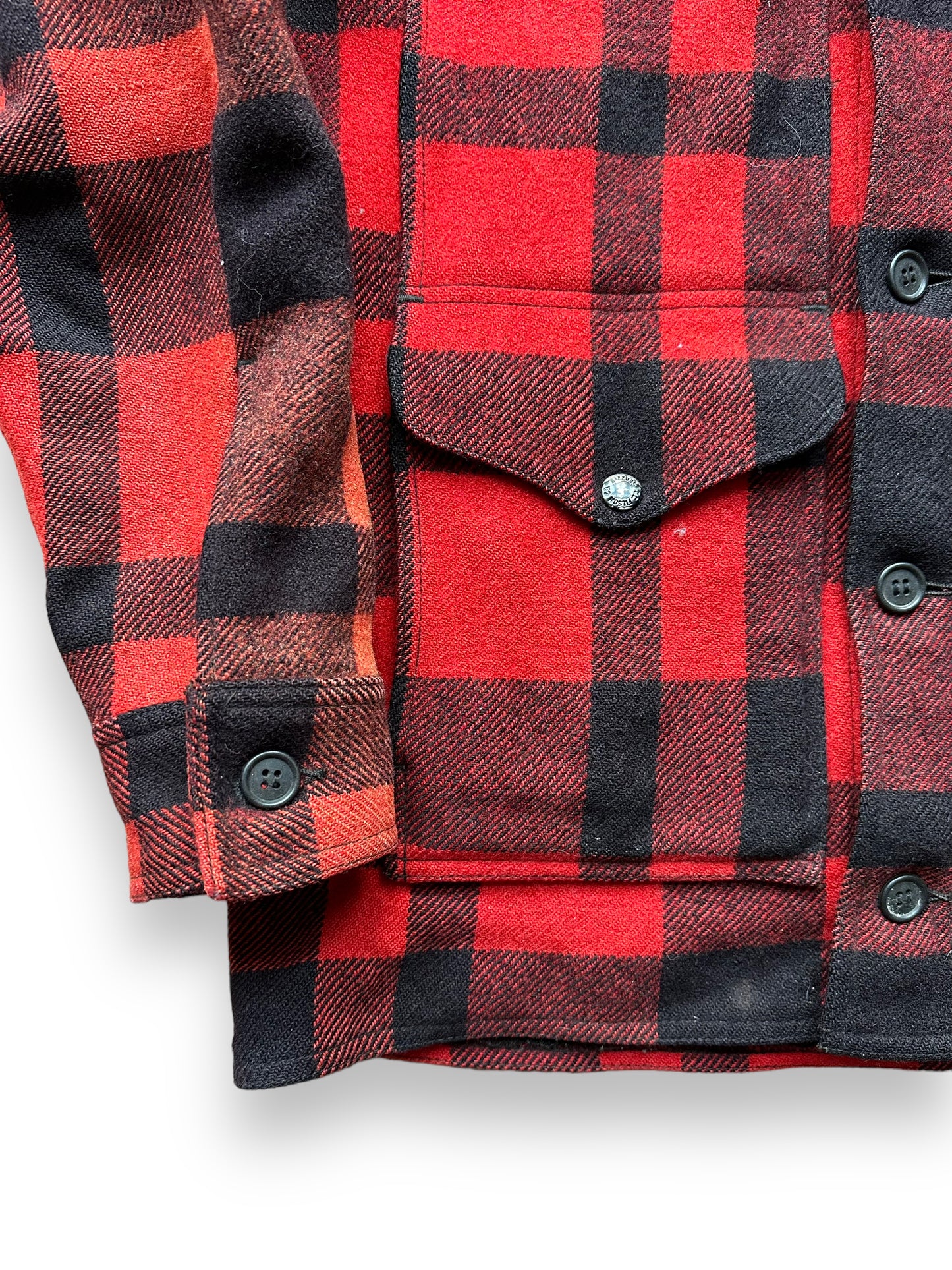 Small Blemishes towards hem on Vintage Filson Red and Black Wool Cruiser Size 38 |  Barn Owl Vintage Goods | Vintage Filson Workwear Seattle