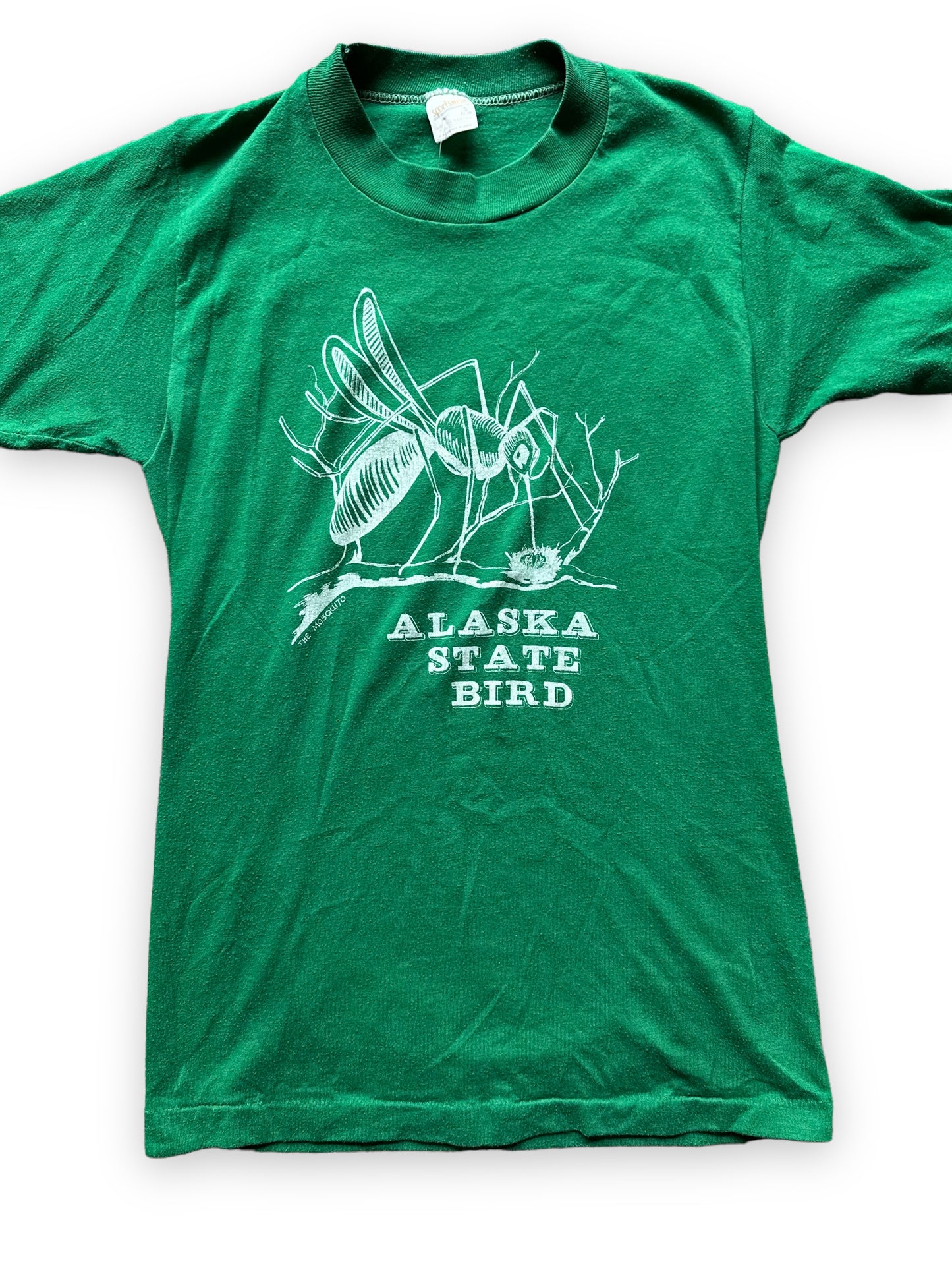 Front Graphic Close Up on Vintage Alaska State Bird Mosquito Tee SZ SM |  Vintage T Shirt Seattle | Barn Owl Vintage Seattle
