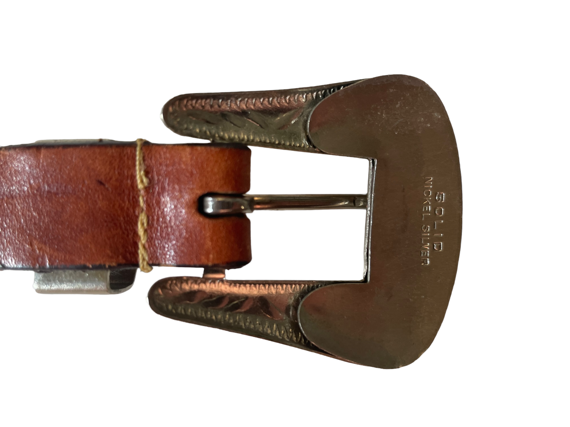 Vintage Leather Belt with Western Buckle Backside of buckle.