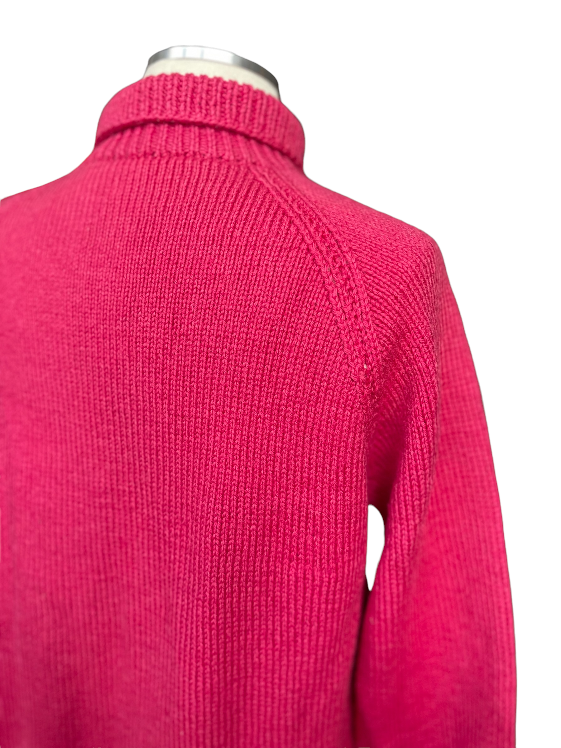Right rear shoulder view Vintage 1940's Wool Hand Knit Magenta Zip Up Cardigan Sweater | Barn Owl Vintage | Seattle True Vintage