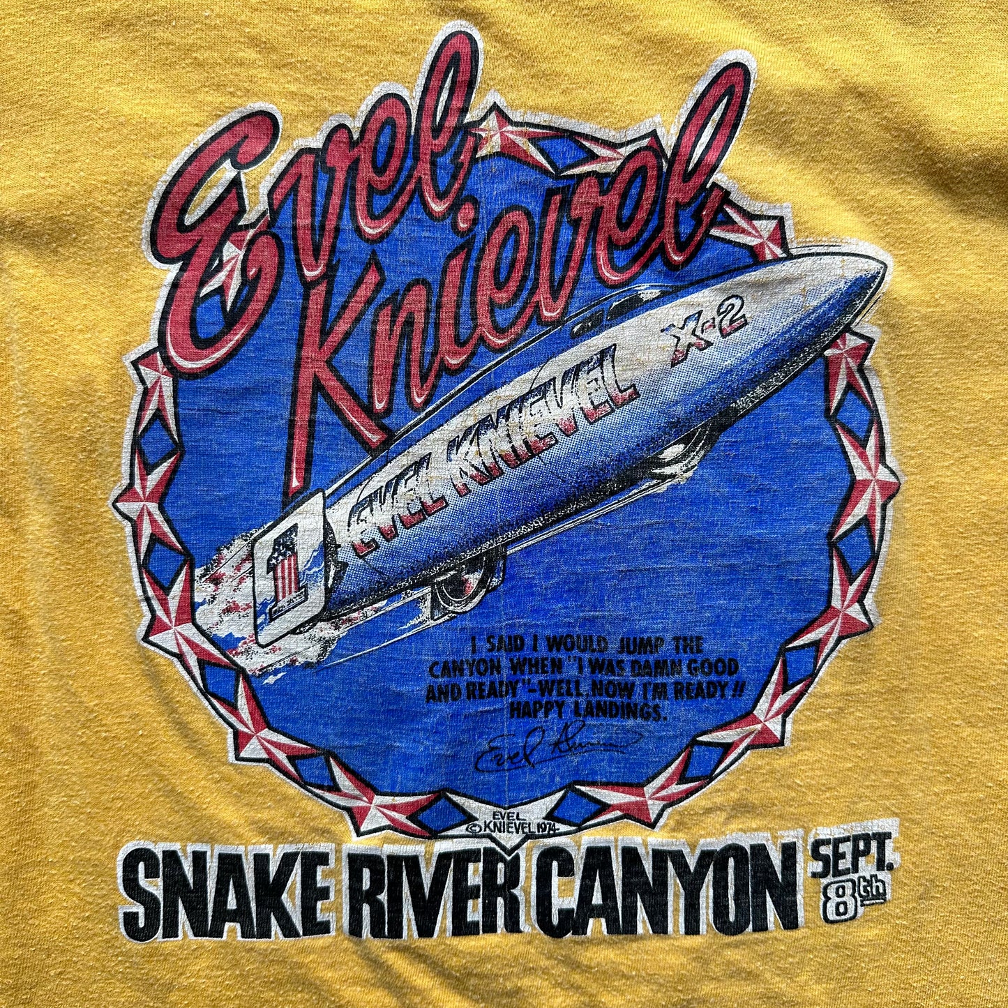 Rear Graphic Close Up on Vintage Evel Knievel Snake River Canyon TShirt |  Vintage Evel Knievel Single Stitch Tee | Barn Owl Vintage Seattle