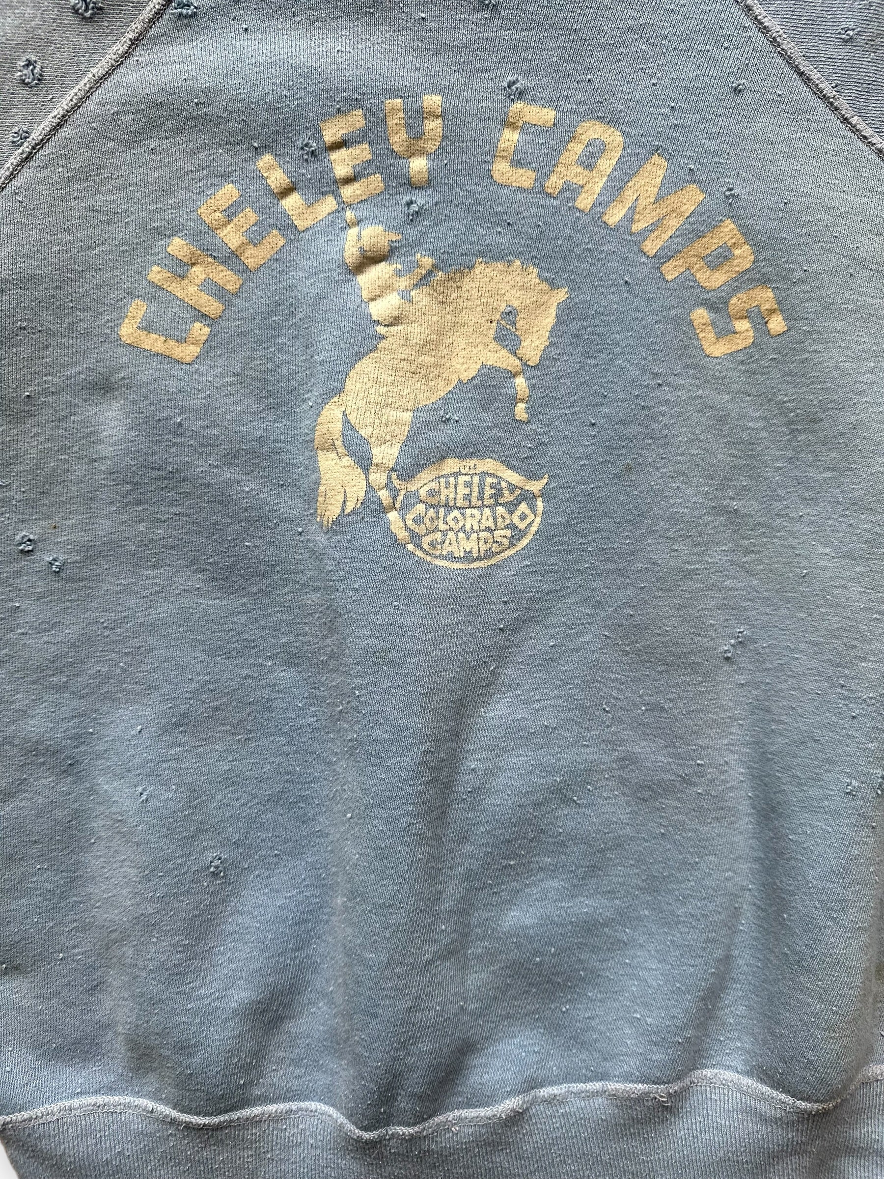 Front Graphic Detail on Vintage Distressed Cheley Camps Colorado Crewneck Sweatshirt | Vintage Crewneck Seattle | Barn Owl Vintage Clothing