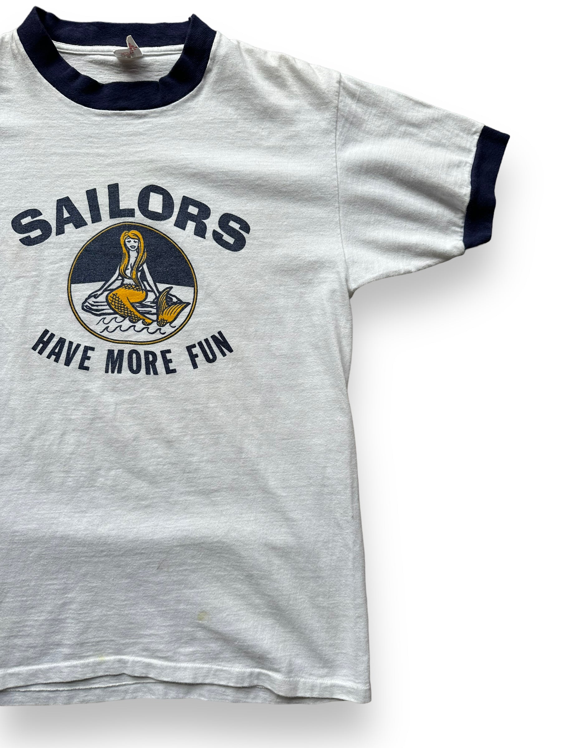 Front Left View of Vintage Sailors Have More Fun Ringer Tee SZ M | Vintage T-Shirts Seattle | Barn Owl Vintage Tees Seattle