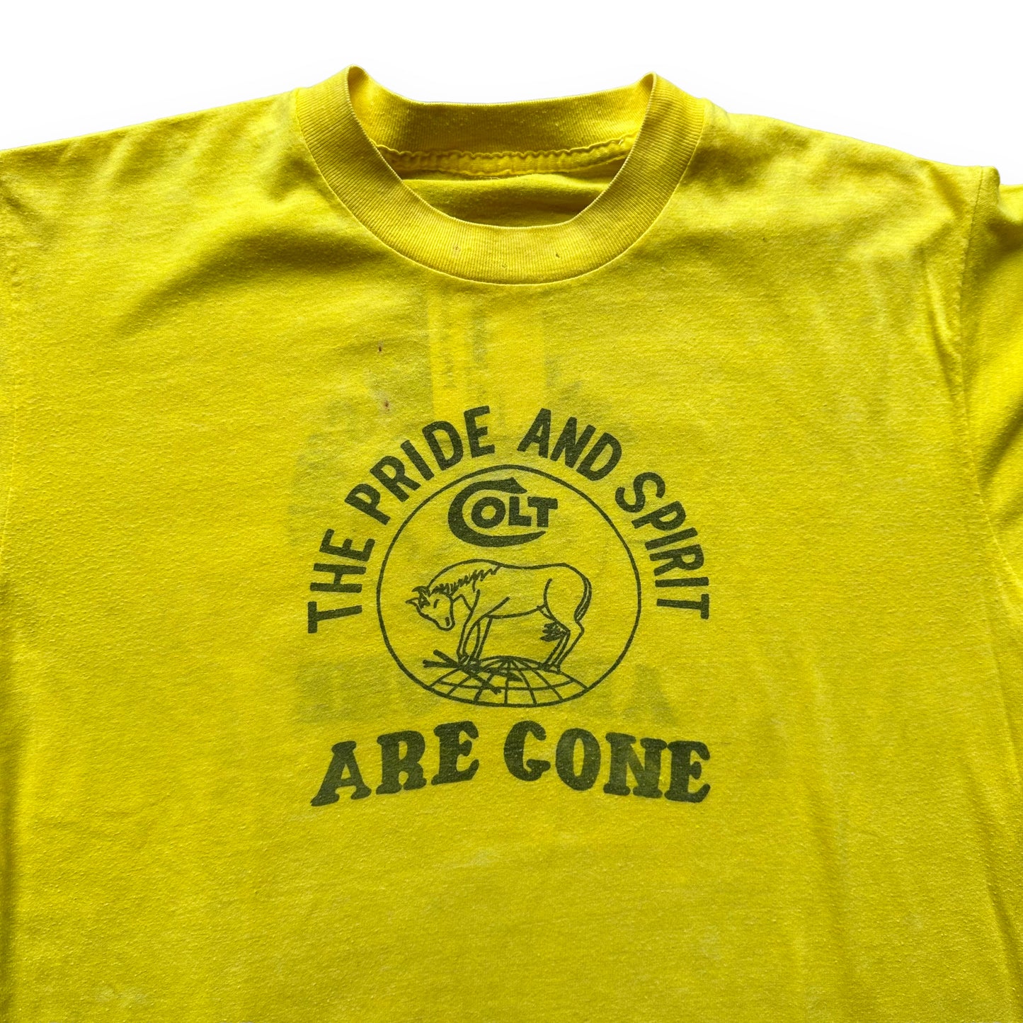 Upper Front View of Vintage Colt "The Pride and Spirit Are Gone" Tee SZ L | Vintage T-Shirts Seattle | Barn Owl Vintage Tees Seattle