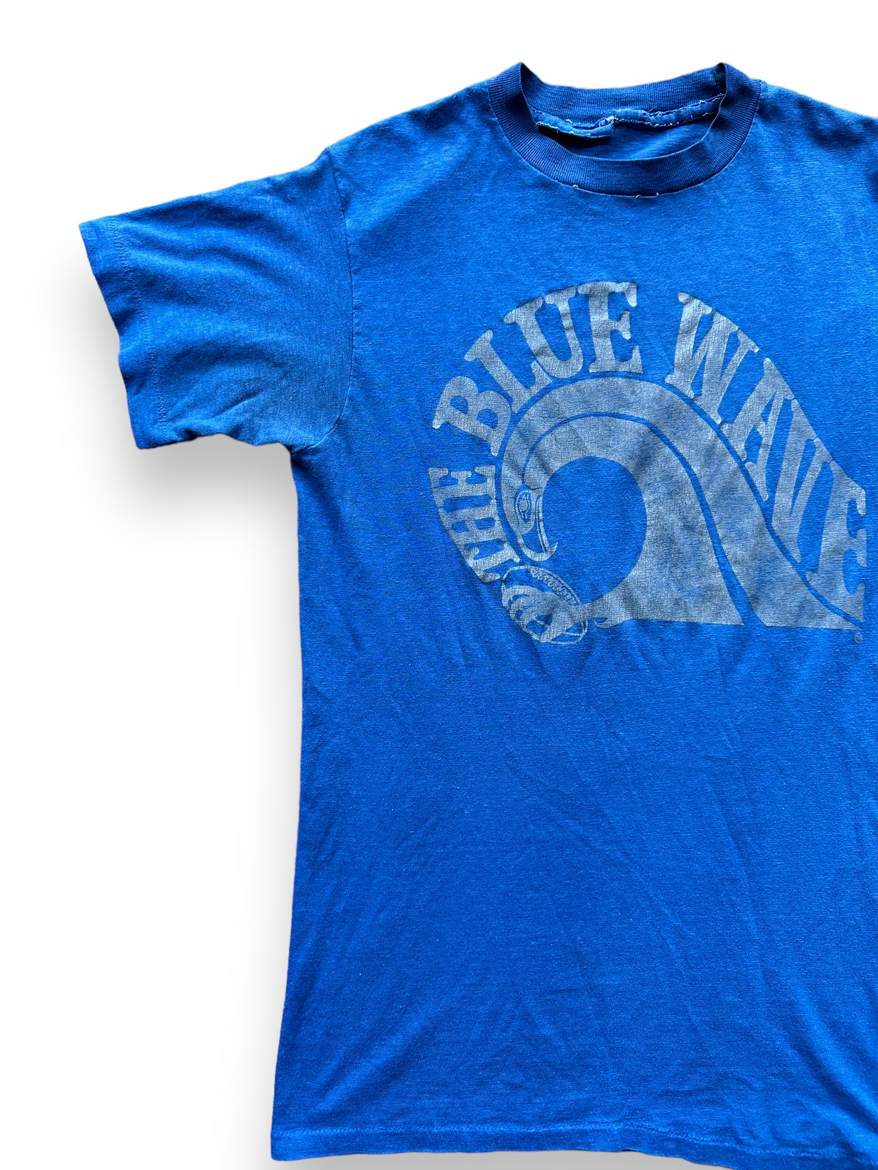 Front Right View of Vintage Seahawks Blue Wave Tee SZ S | Vintage Seahawks T-Shirts Seattle | Barn Owl Vintage Tees Seattle
