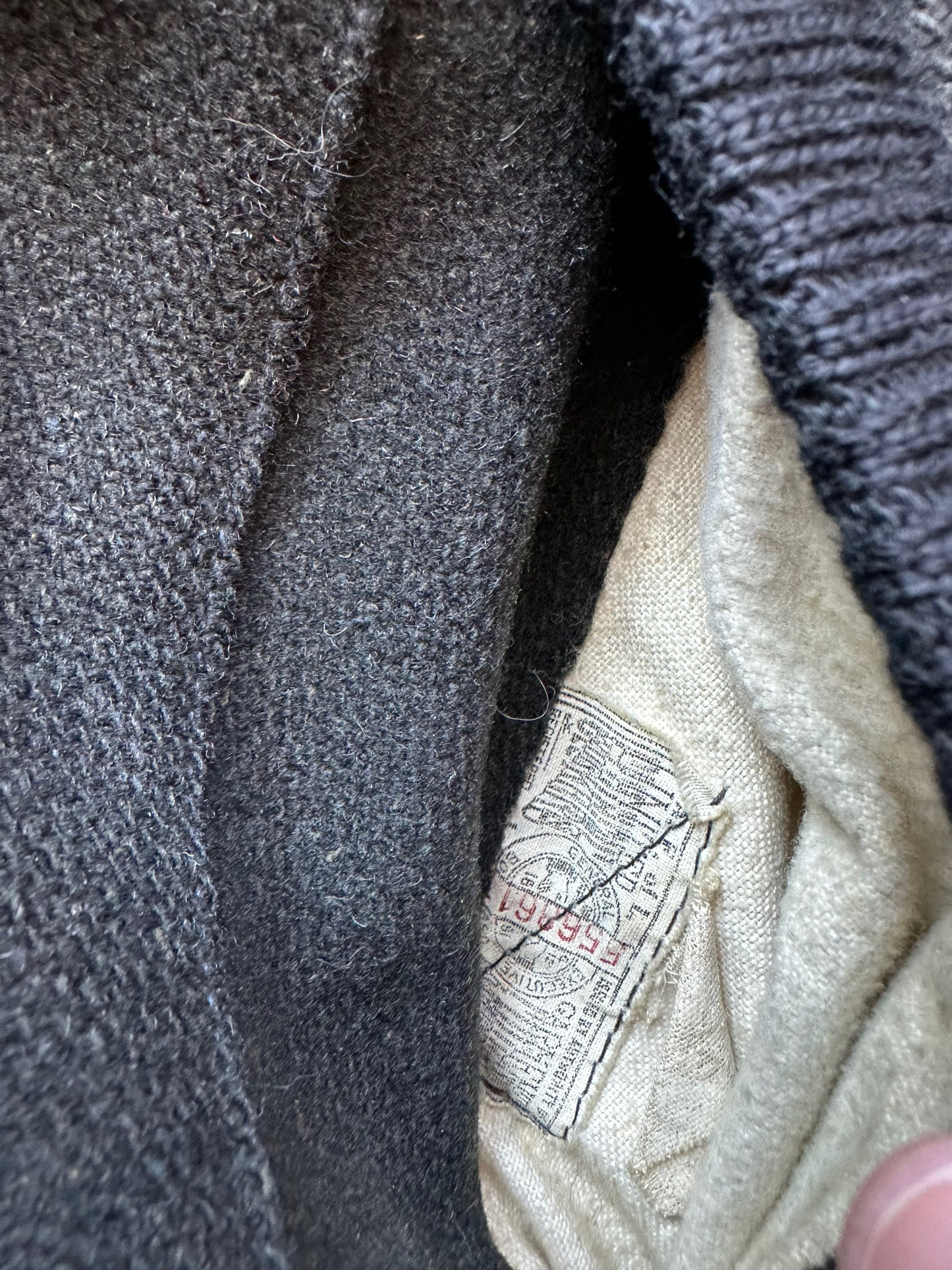 Close Up of Union Tag on Vintage Lakeland Wool Clicker Jacket SZ 42L |  Barn Owl Vintage Goods | Vintage Clicker Coat Seattle