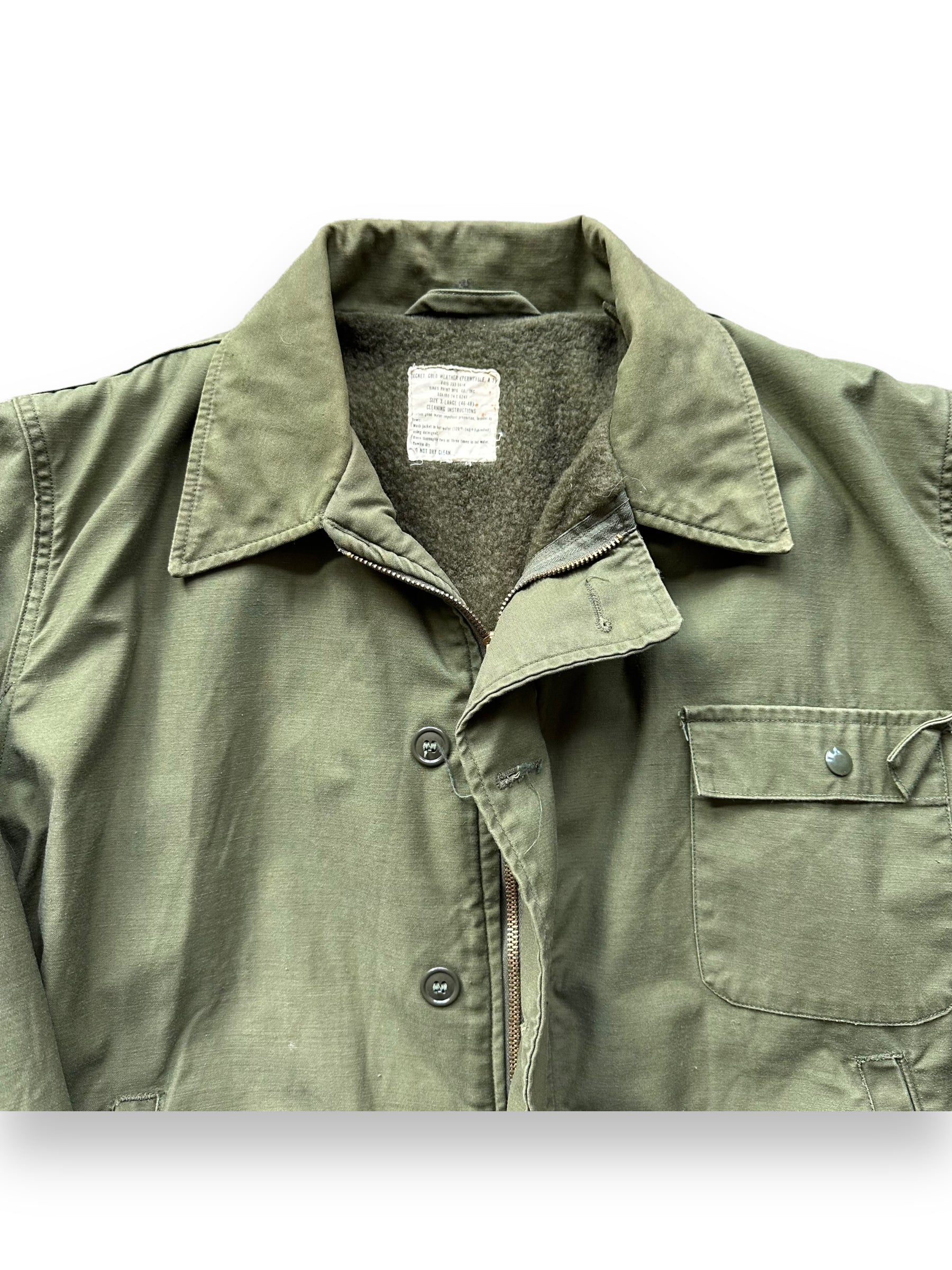 Upper Front View of Vintage Viet Nam Era Cold Weather A-2 Jacket SZ XL | Vintage Military Jackets Seattle | Barn Owl Vintage Clothing Seattle