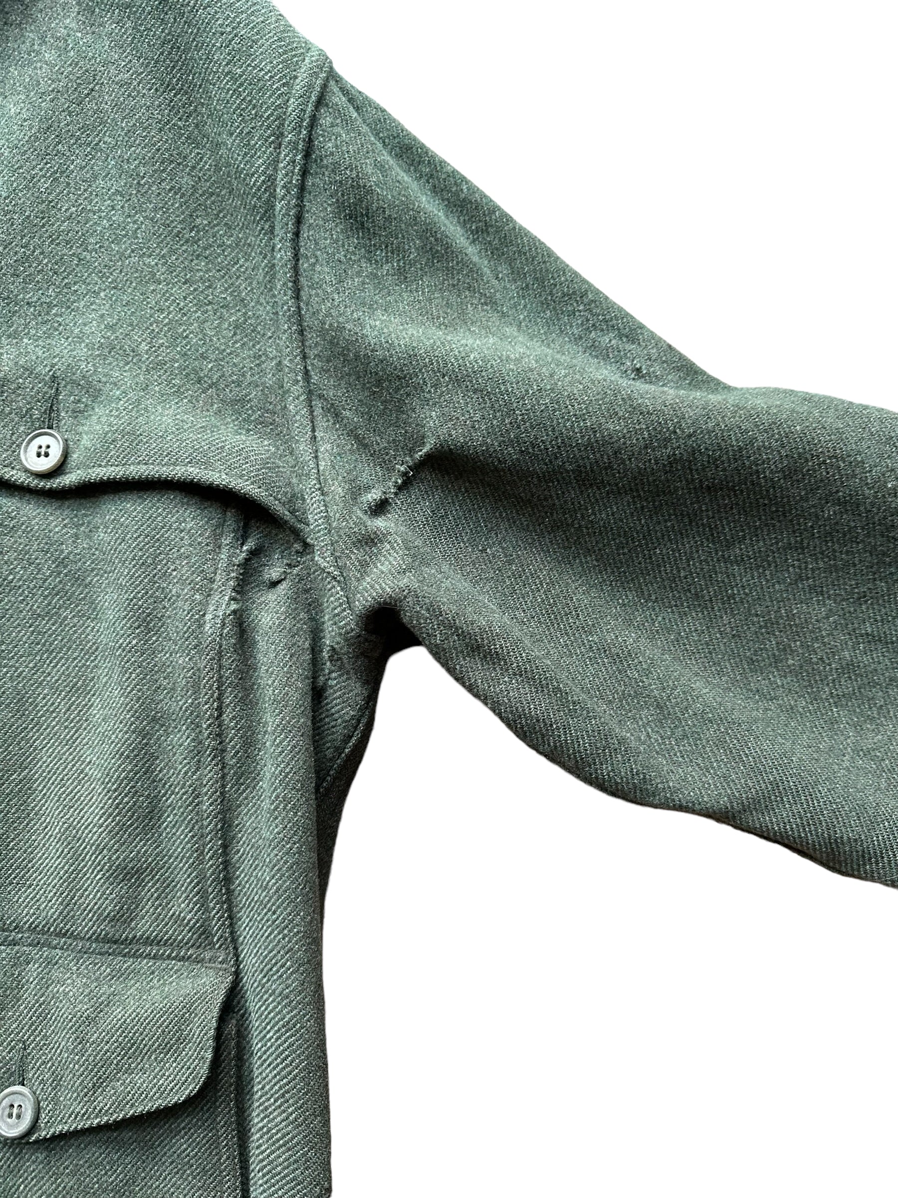 Left Sleeve Repairs on Vintage Early 70s Filson Herringbone Green Cape Coat SZ 46 |  Vintage Filson Cape Coat | Vintage Workwear Seattle