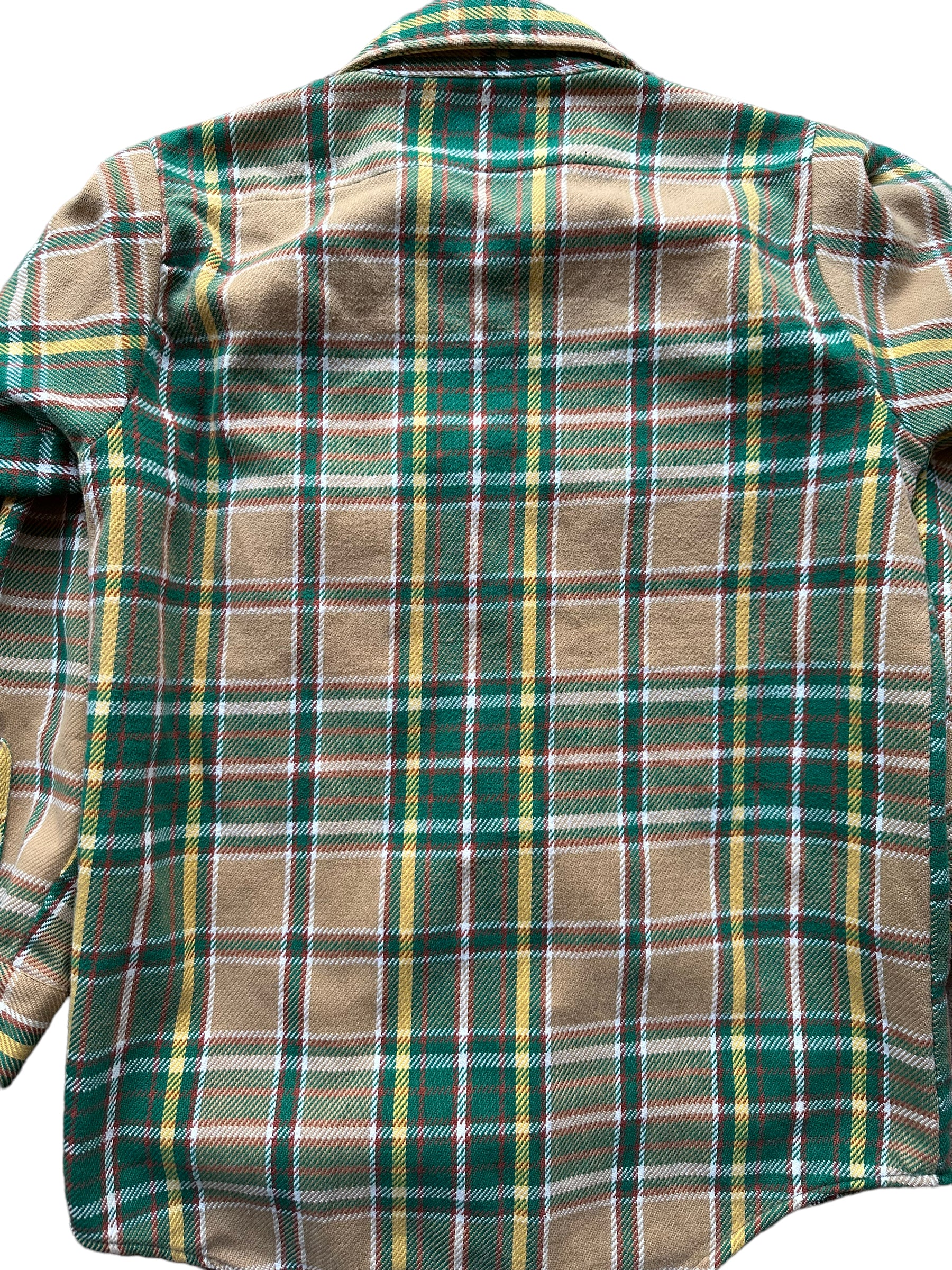 Rear Close Up Detail on Vintage Green Brown Yellow Cotton Flannel SZ M | Vintage Cotton Flannel Seattle | Barn Owl Vintage Seattle