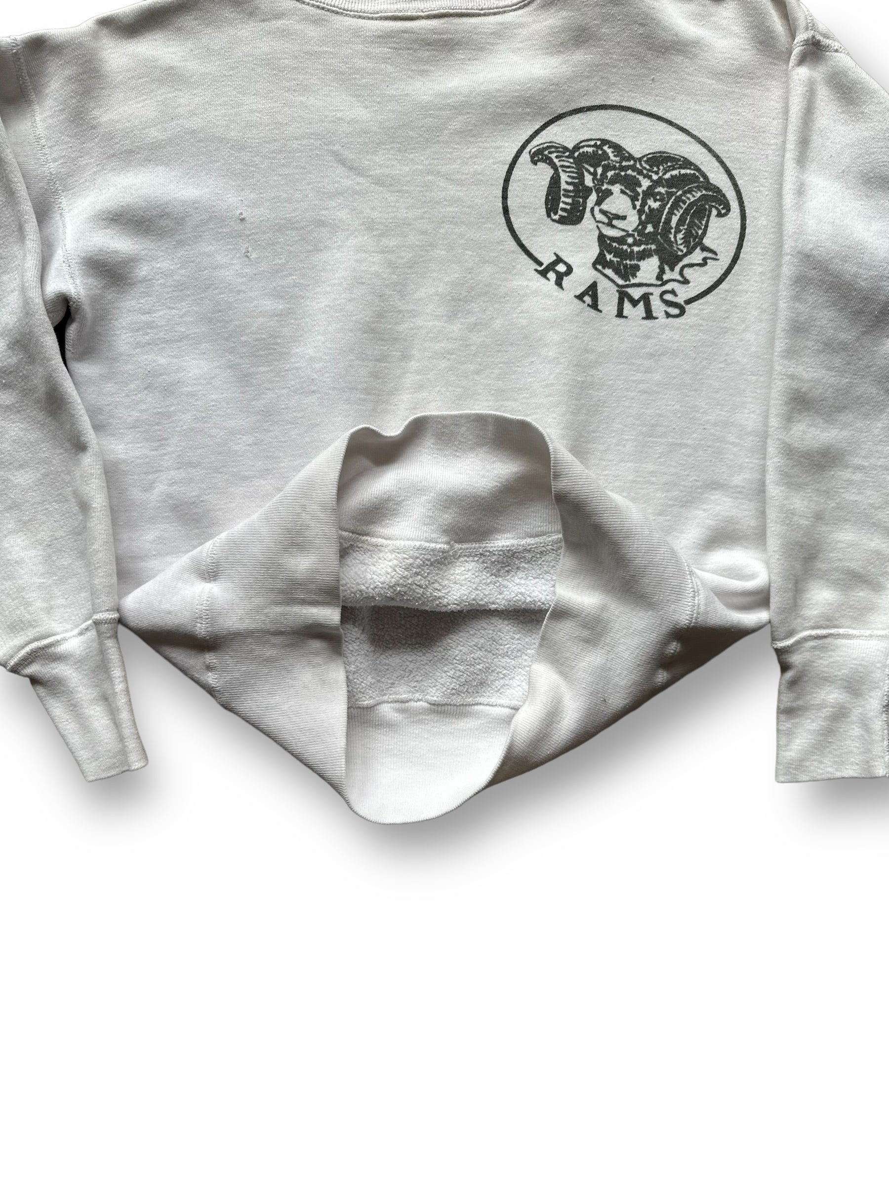 Interior Shot of Vintage White Rams 1960's Era Crewneck Sweatshirt | Vintage Crewneck Seattle | Barn Owl Vintage Clothing
