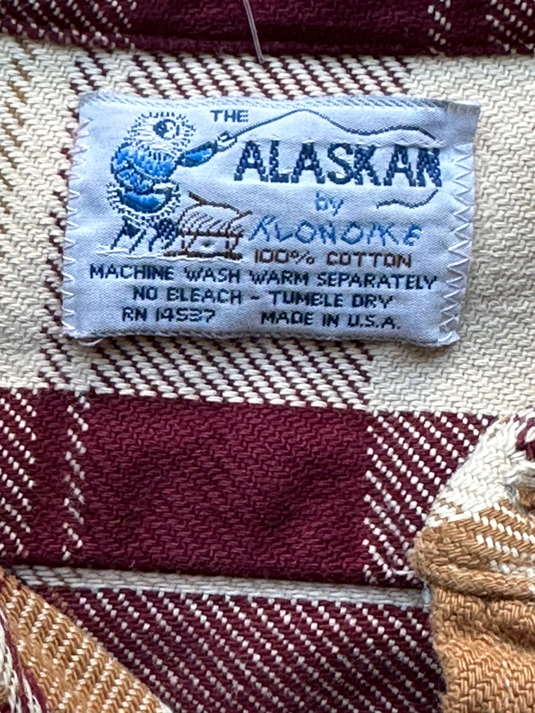 Tag View of Vintage Maroon & Brown Alaskan Cotton Flannel SZ XXL Tall | Vintage Cotton Flannel Seattle | Barn Owl Vintage Seattle
