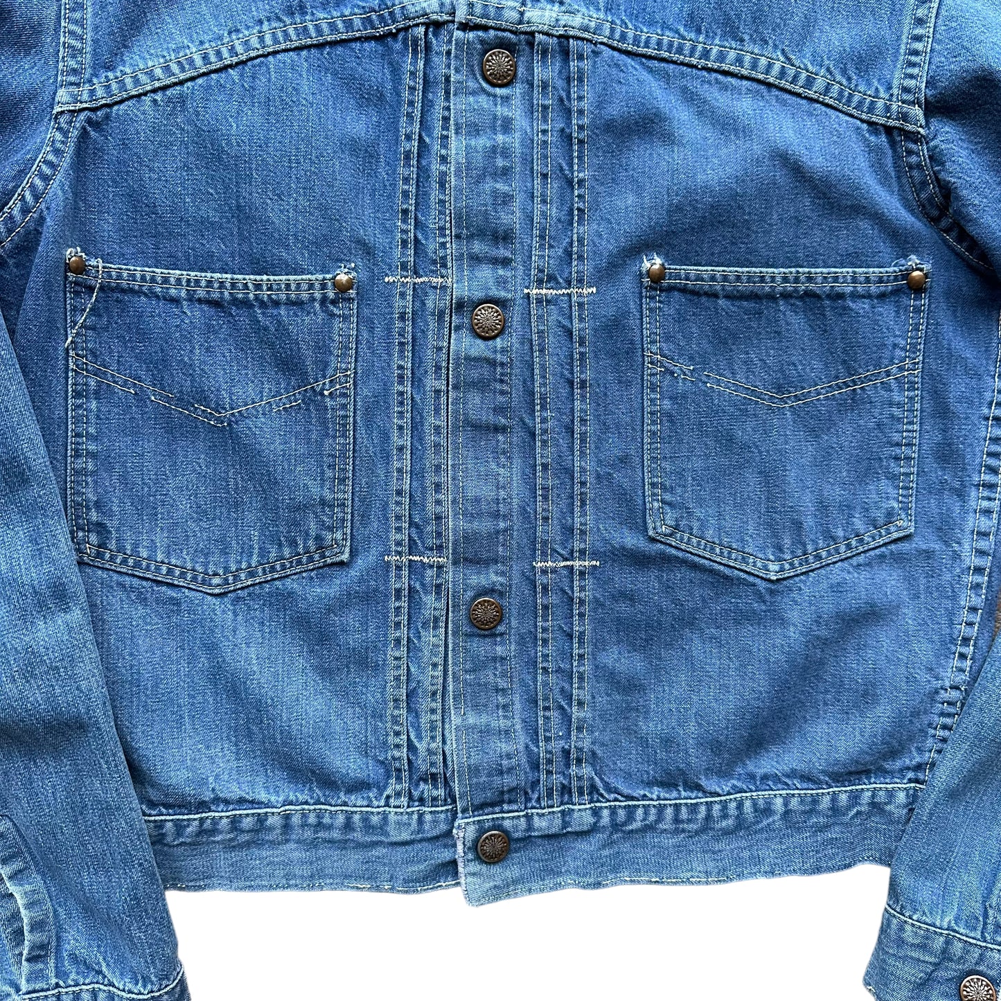 Lower Front Pocket Detail on Vintage Pleated Type II Style Denim Jacket SZ M  | Vintage Denim Workwear Seattle | Seattle Vintage Denim
