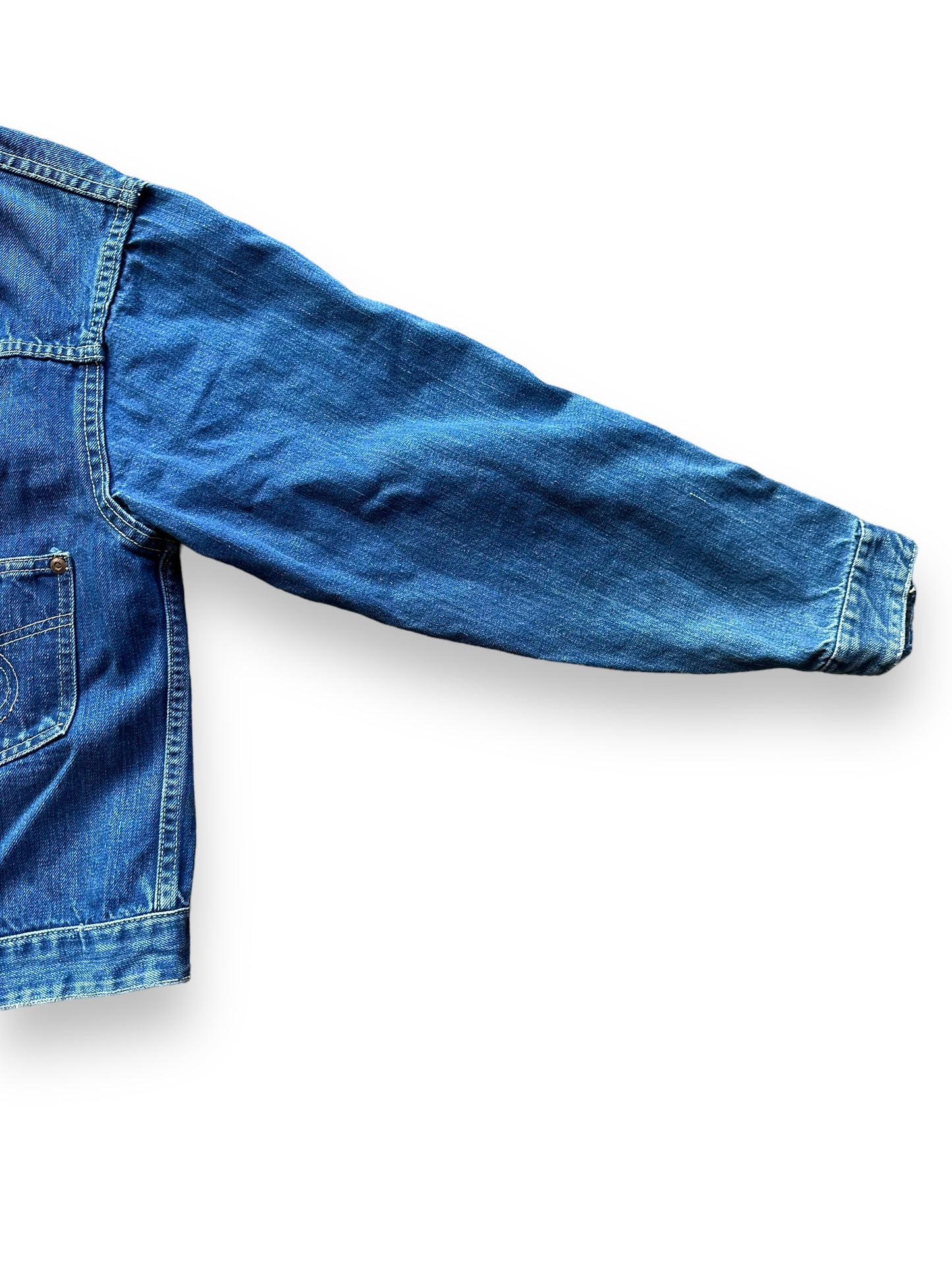 Left Sleeve View of Vintage Montgomery Ward 101 Selvedge Denim Jacket SZ S | Vintage Jean Jacket Seattle | Seattle Vintage Denim