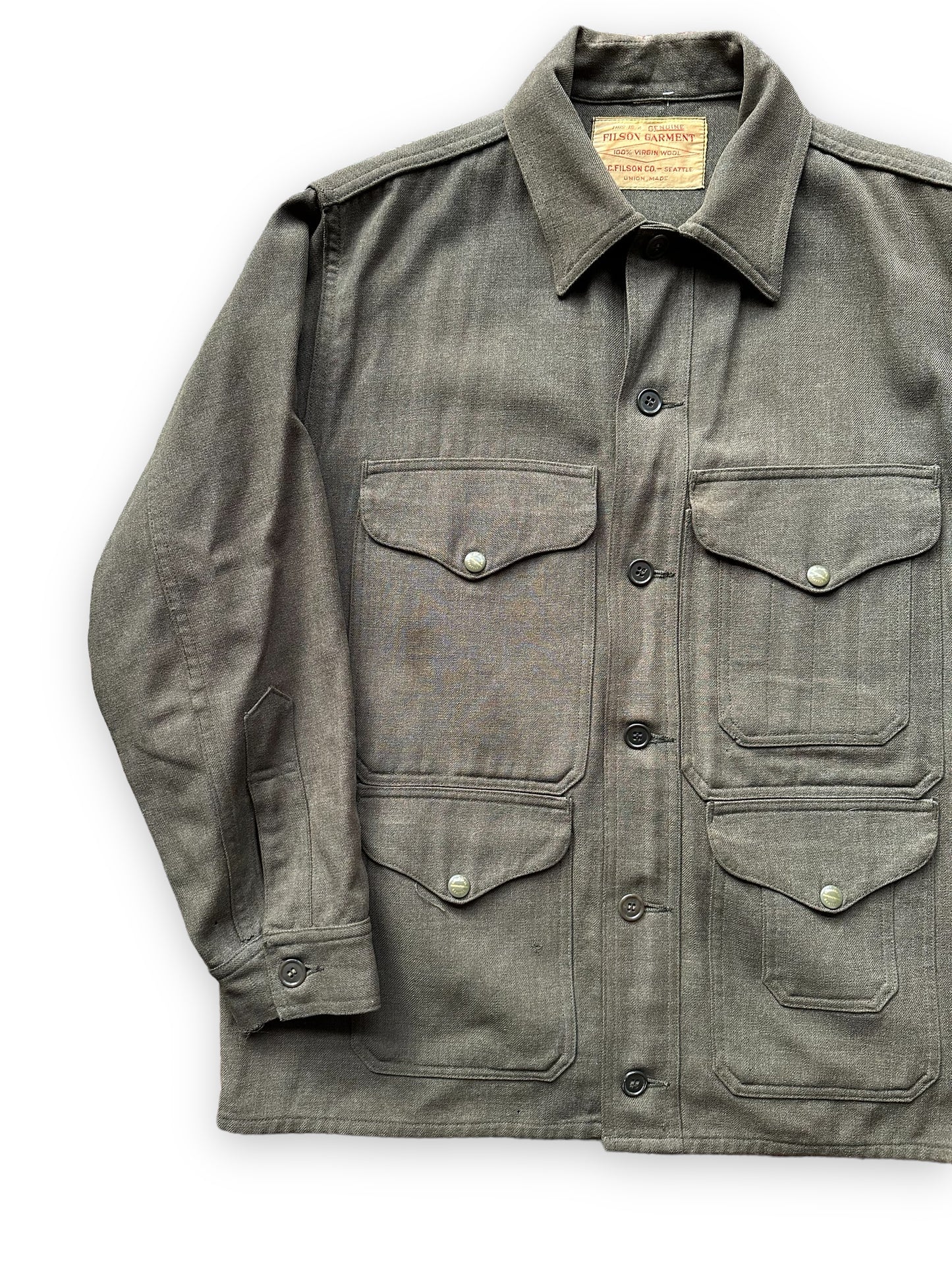 Right Front View of Vintage Union Made Era 50s Filson Forestry Cloth Cruiser SZ 44 |  Barn Owl Vintage Goods | Vintage Workwear Seattle