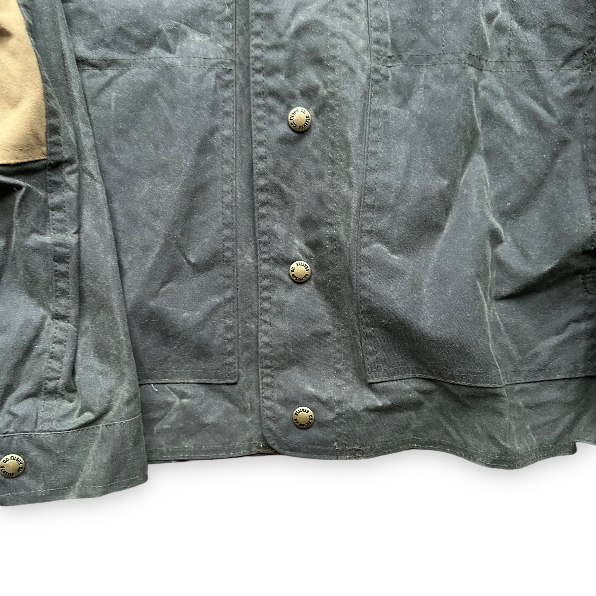 Lower Front View on Vintage Otter Green Filson Shooting Jacket Style 420 SZ M |  Filson Tin Cloth Jackets Seattle | Barn Owl Vintage