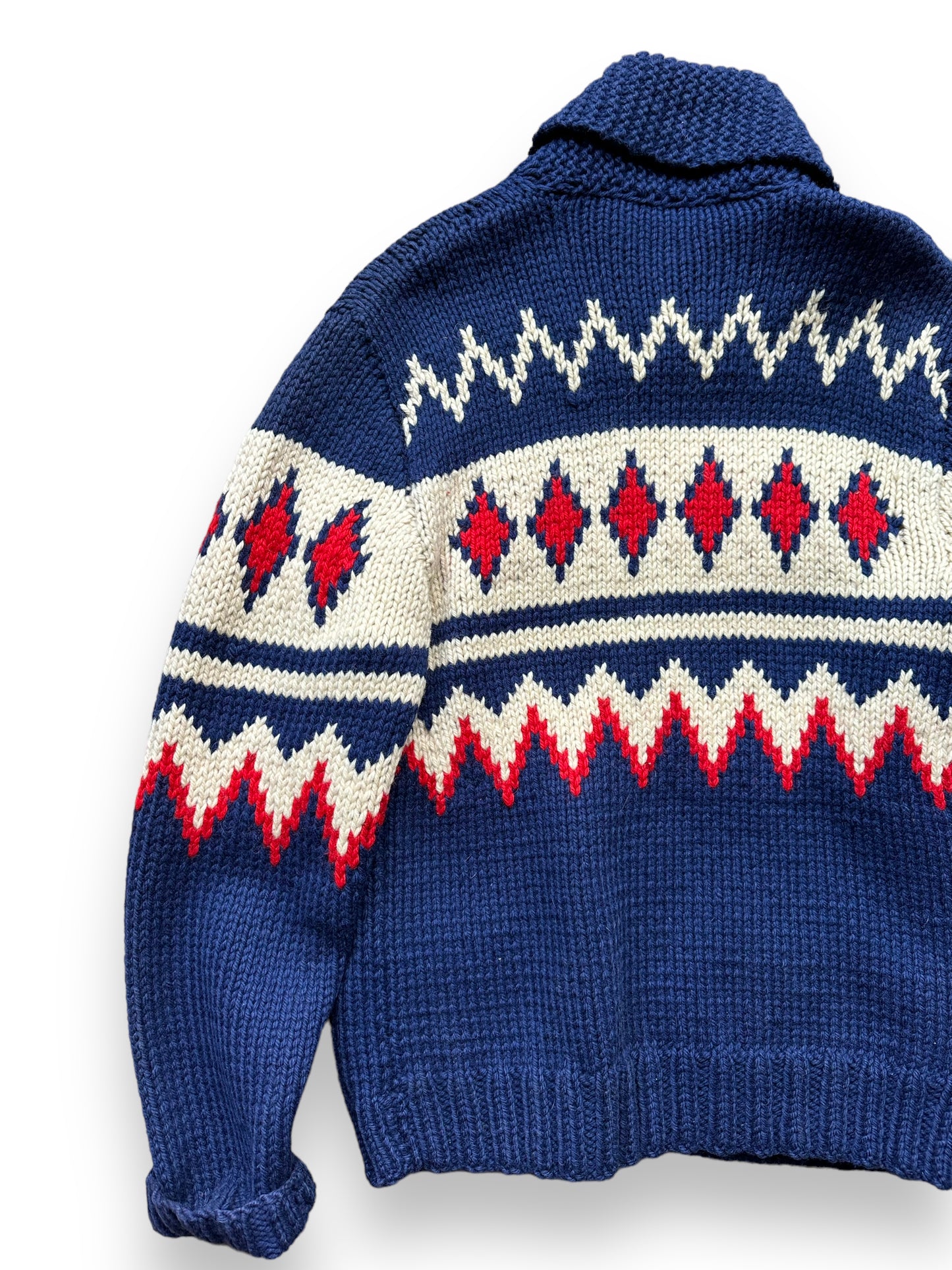 Rear Left View on Vintage Cowichan Style Blue & Red Sweater SZ M  |  Barn Owl Vintage | Seattle Vintage Sweaters